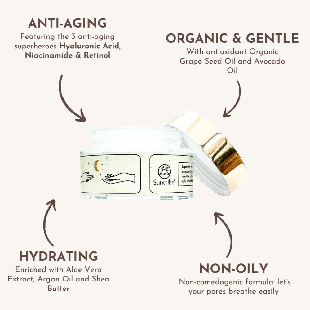 Suntribe Nachtcreme Mineralisch BIO mit Hyaluronsäure, Retinol & Niacinamid 1 Glastiegel 50 ml, verjüngend & feuchtigkeitspendend