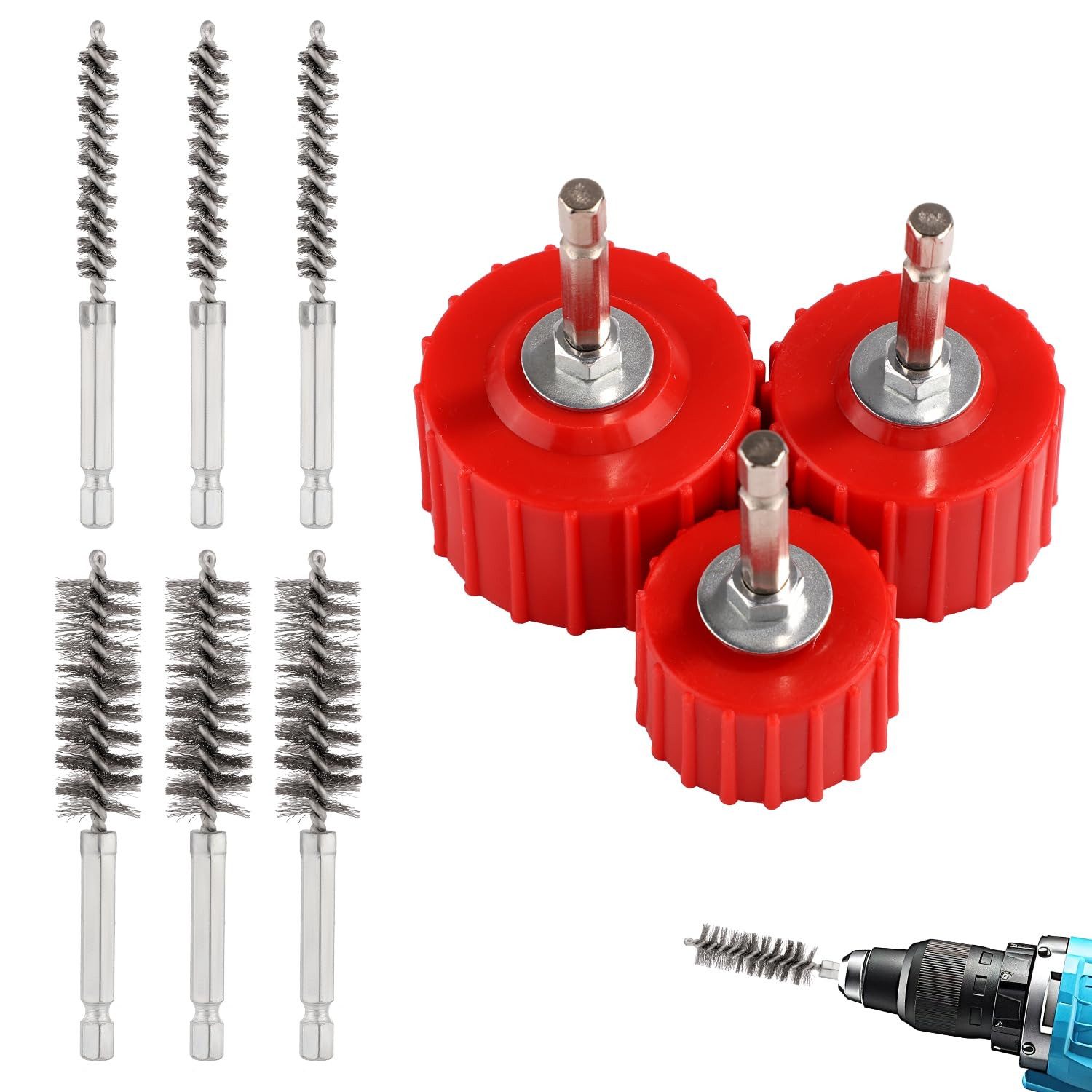 QUBEBU Reinigungsbürste 9 Stück Zylinder-Drahtbürste für Bohrmaschine Bohrer-Set für Rohre, Elektrische Bohrmaschine, Schlagschrauber und Druckluftschleifer, (Spar-Set, 9-tlg., Edelstahl-Lochbürste für Polier Schleifen Schlagbohrmaschinen, 8-19mm)