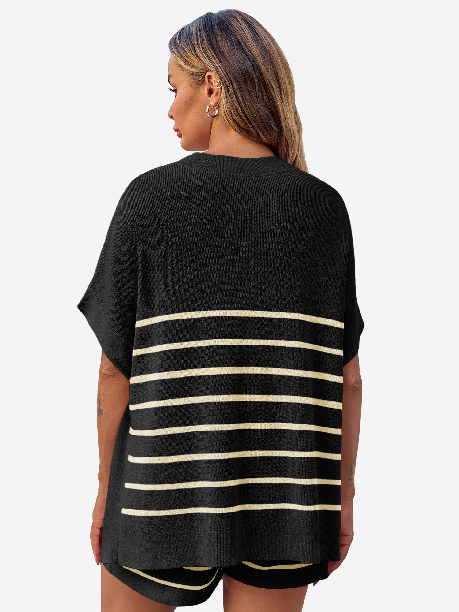 Imily Bela Hausanzug Damen Sommerliche Strick Lounge Shorts Sets (Set, 2 tlg., Kurzarm-Tops mit Fledermausärmeln + Shorts mit hohem Bund) Streifen