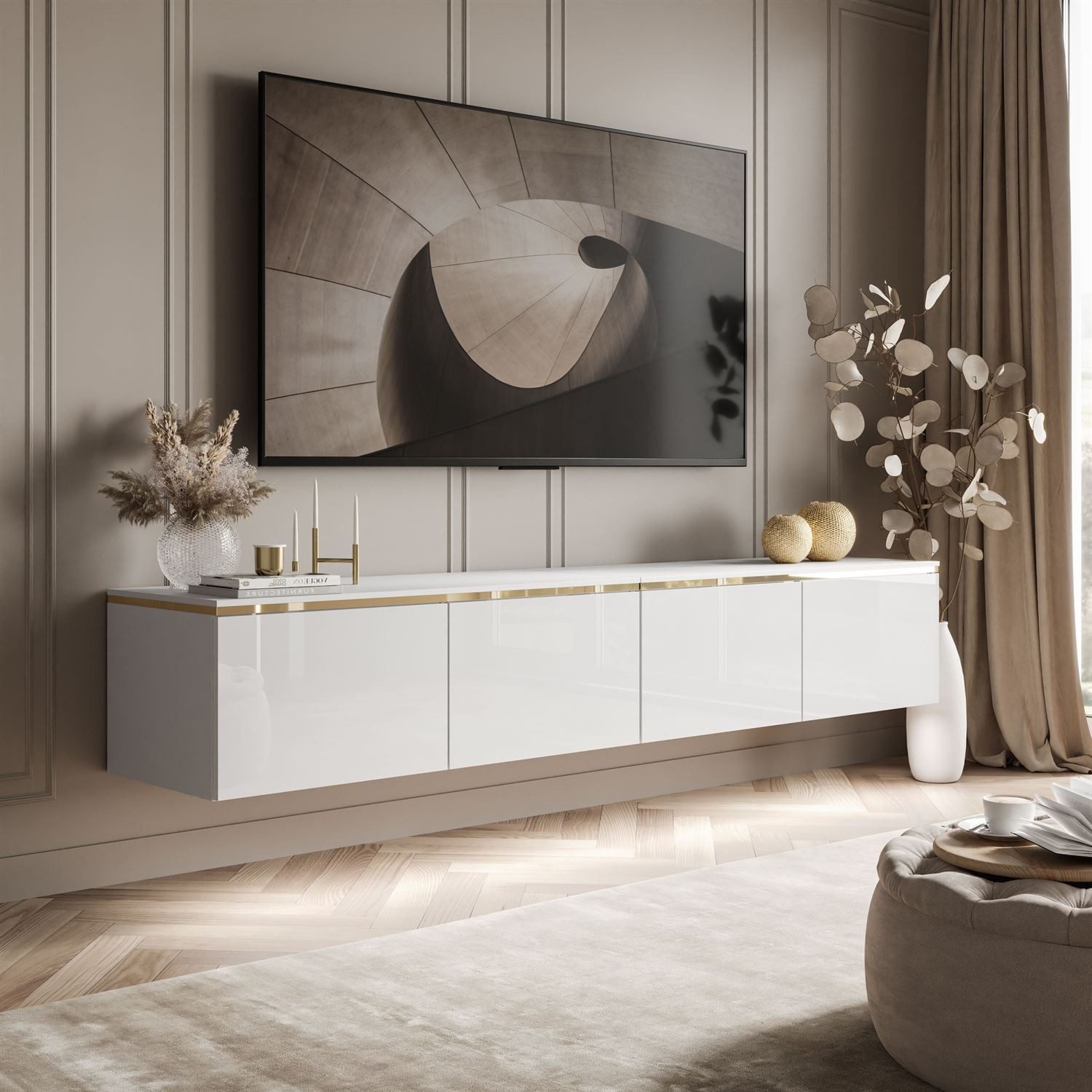 ALLHOUSE24 TV-Schrank TV-Schrank NELLY Metallbeine LED Beleuchtung Sideboard GOLD (1x TV Schrank) Breite 200 cm