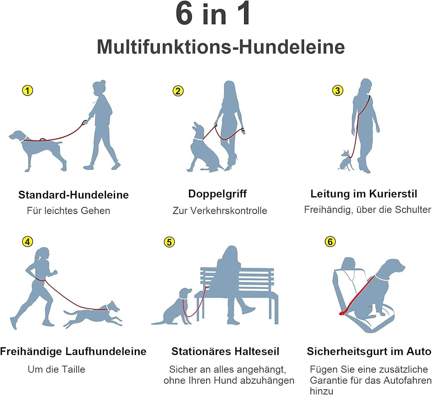 UE Stock Hundeleine Hundeleine 1.4m~2.1m 6in1 Freihandleine mit verstellbarem Hüftgurt Rot, Nylongewebe, mit stabilen Nähten und reflektierenden Streifen