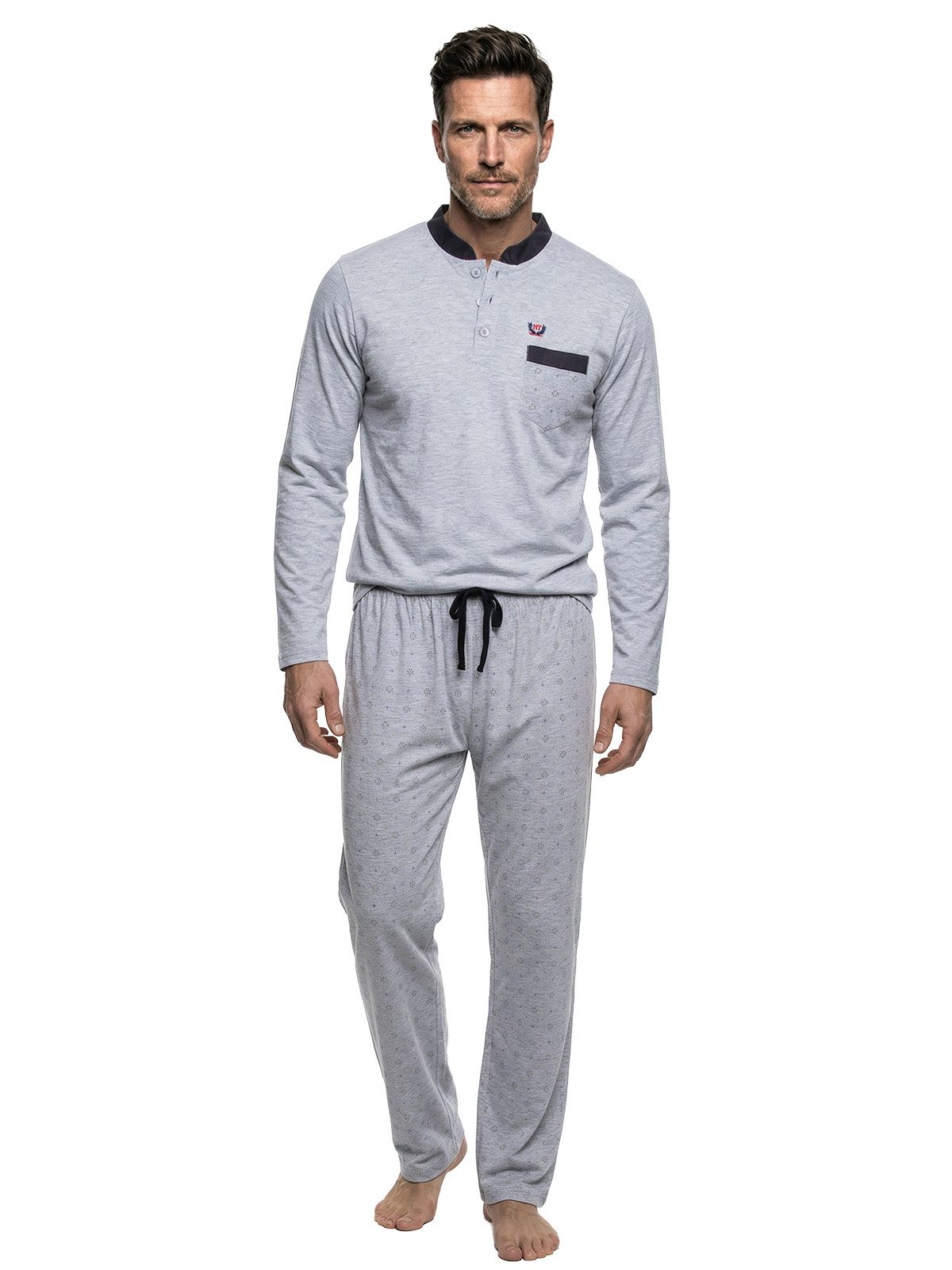 Henry Terre Pyjama Bruno Langarm- Stehkragen Shirt Uni gemusterte Hose Brusttasche – Bild 2 von 5