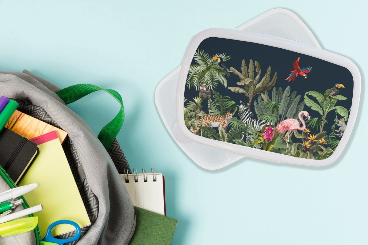 weiß - - Flamingo Kinder - und MuchoWow für für Mädchen - Zebra, Erwachsene, Tiere Brotdose, Jungs Kinder Kunststoff, und (2-tlg), Brotbox - Pflanzen Dschungel Lunchbox