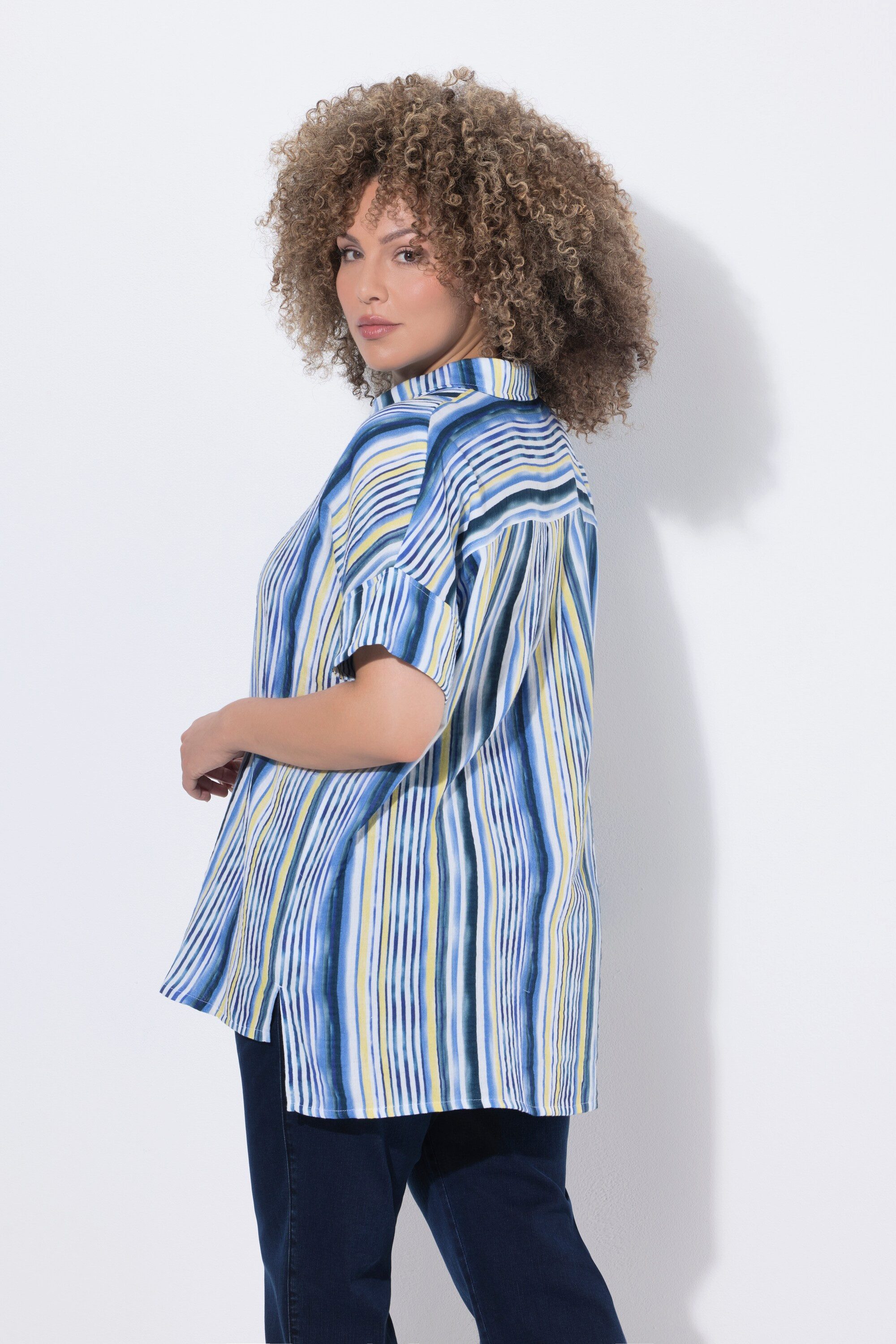 Ulla Popken Longbluse Musselin-Bluse Streifen Oversized Hemdkragen