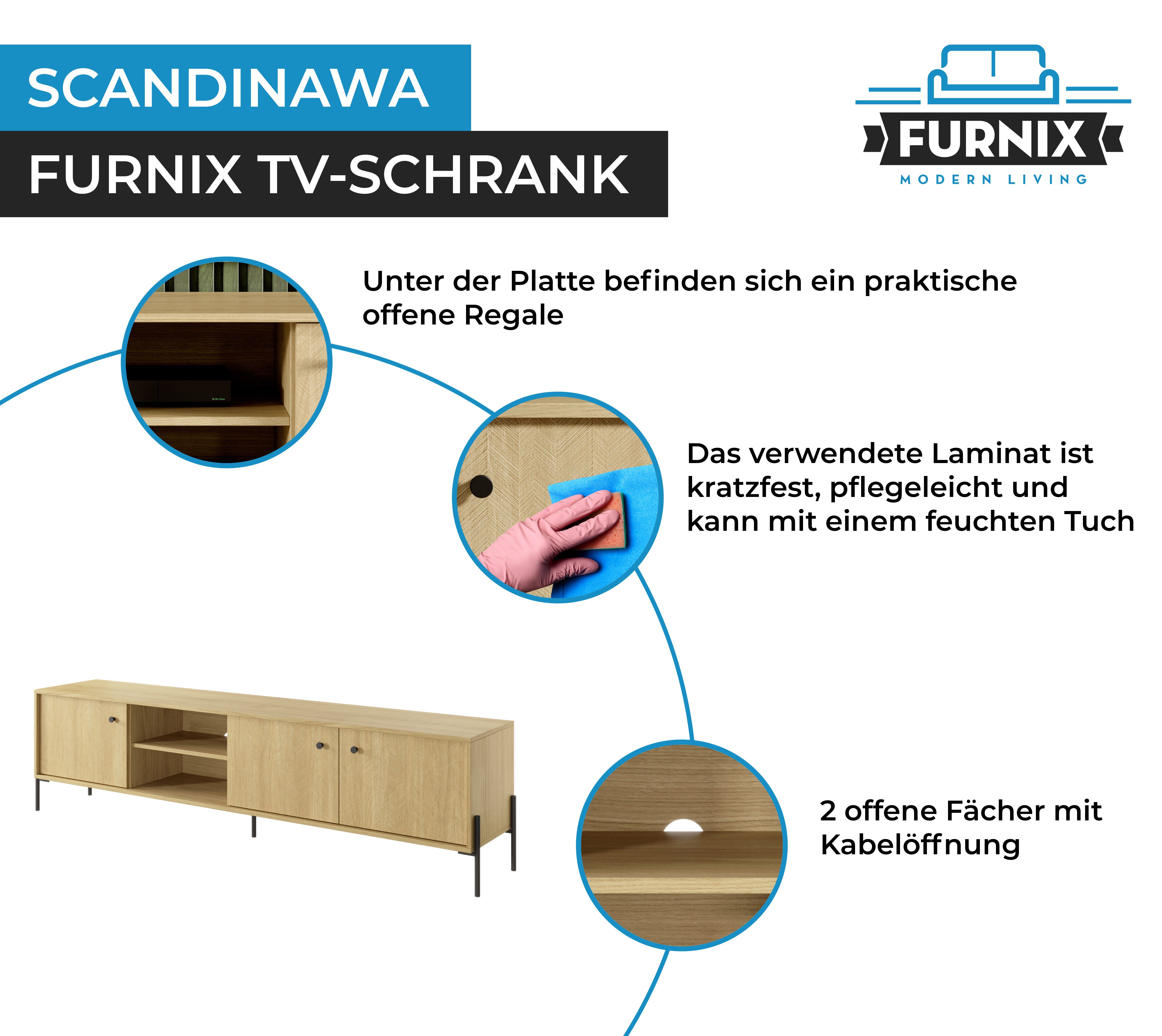 hochwertig, / 207 Fernsehschrank H53,4 B206,6 EU Fischgräten in SCANDINAWA cm, TV-Schrank Scandi Furnix Eiche T39,5 made Metallfüße x x