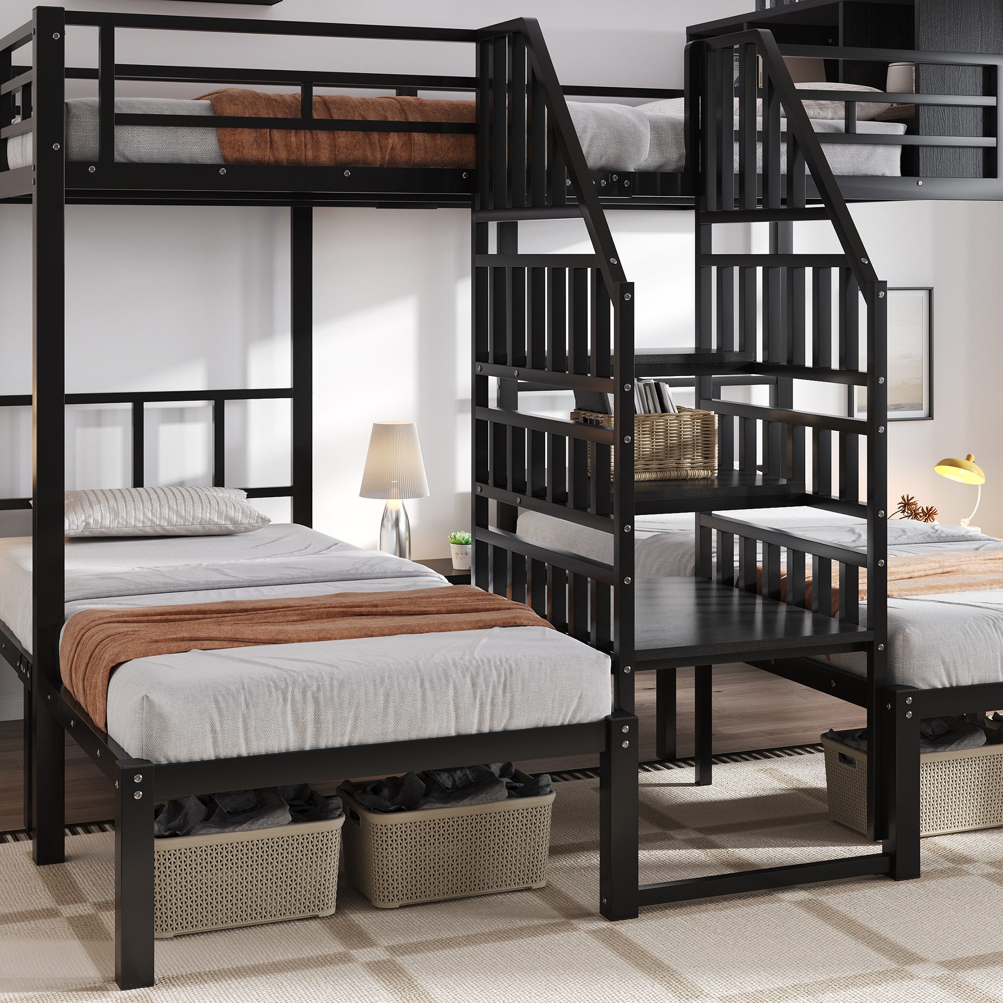 HAUSS SPOLE Etagenbett 90/140x200 mit 3 Кровати,Eisenbett Bettgestell mit Treppe&Handläufen (mit drei Schlafplätzen, Handlauf-Treppe & Stauraum oben, 90x200cm & 140x200cm), ohne Matratze