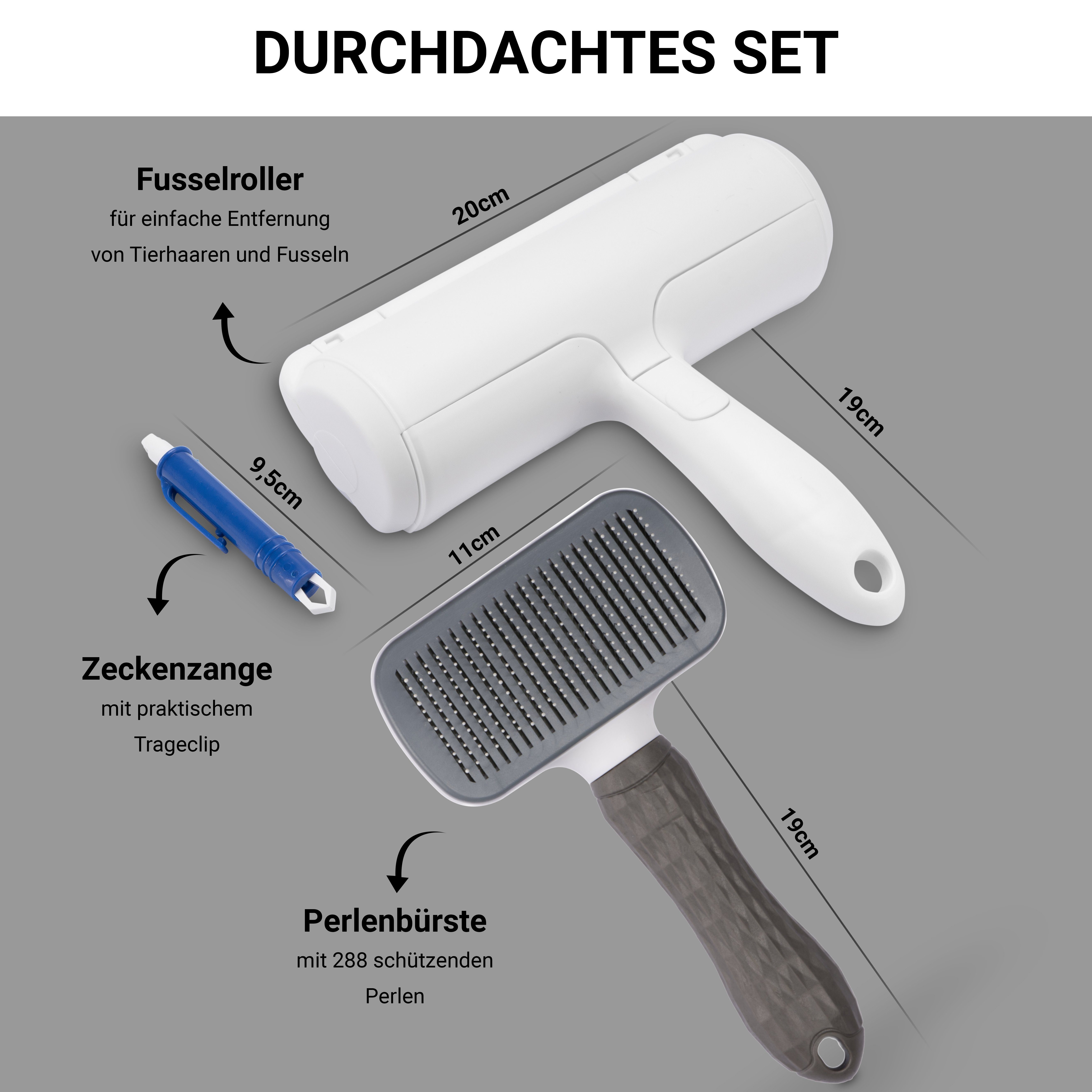 FinoPet Fellbürste 3er Set Hundebürste / Katzenbürste, XL Fusselrolle und Zeckenzange, Der Edelstahlbürstenköpf ist mit 288 schützenden Perlen überzogenen und integrierten Reinigungsknopf zur schnellen Säuberung, (3-tlg)