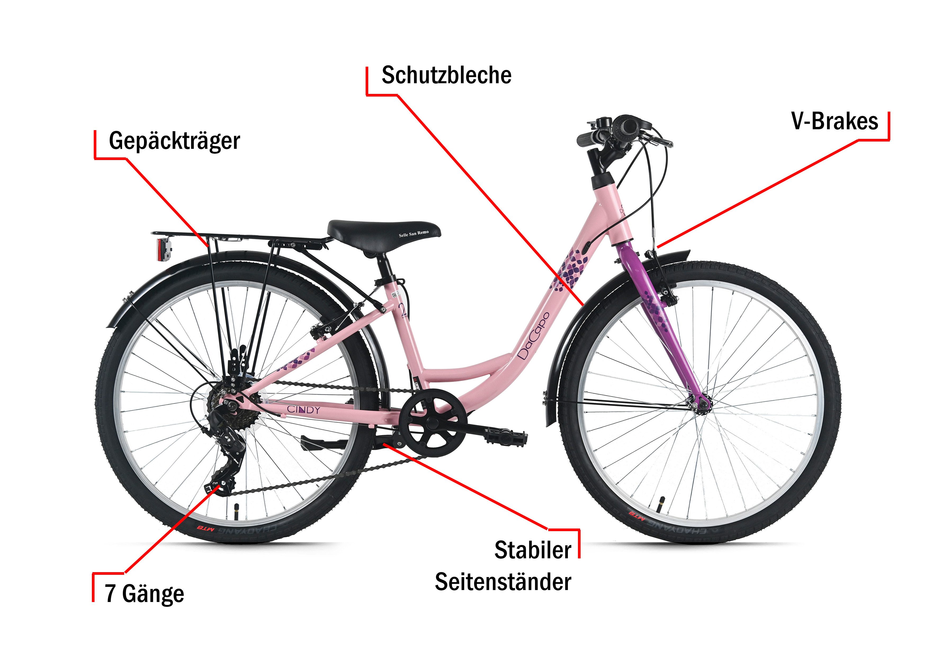 Dacapo Kinderfahrrad DaCapo Kinderfahrrad 24" Cindy 7 Gänge - Ab 8 Jahre, 7 Gang, Kettenschaltung