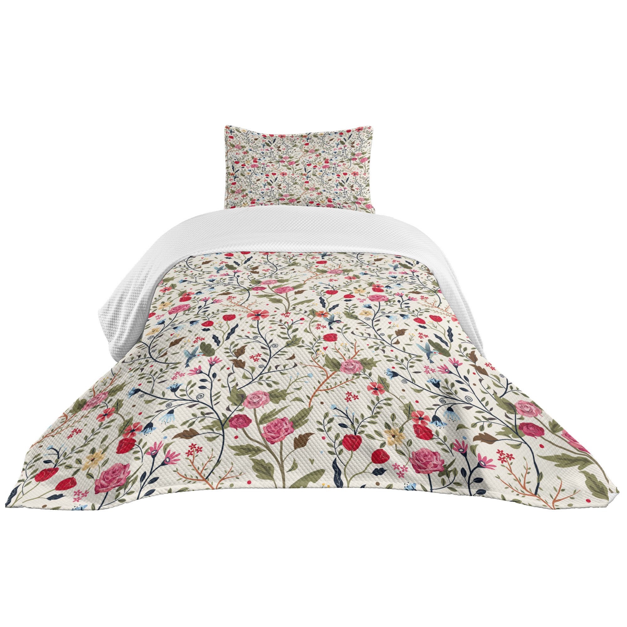 Abakuhaus Tagesdecke Set mit Подушкиbezügen Waschbar, Blumen Vögel Rosen-Tupfen