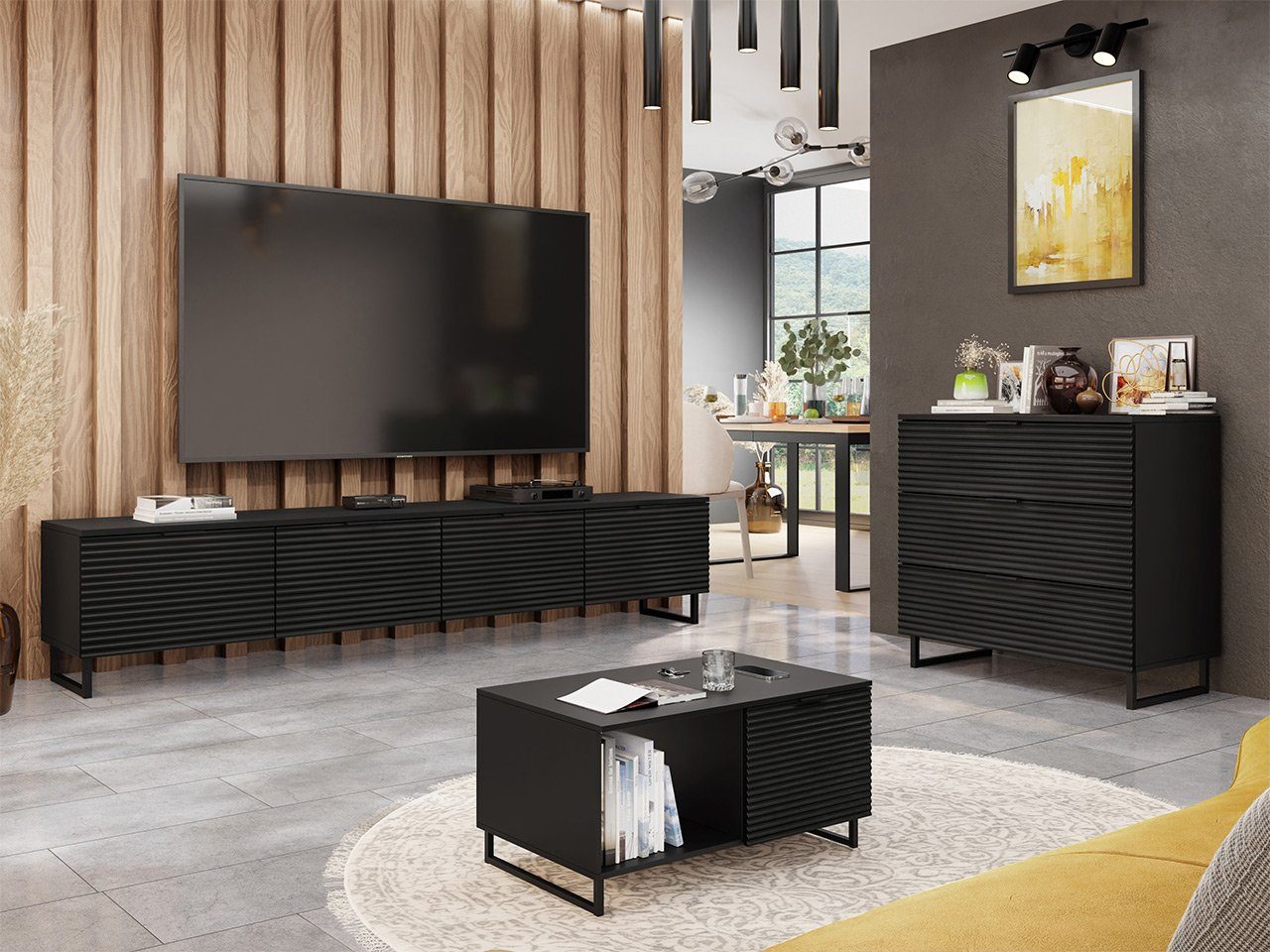 (3er-Set, I, Couchtisch), schwarz TV-Lowboard, MIRJAN24 Kommode, der Metallgriffe in Wohnzimmer-Set Farbe Delino