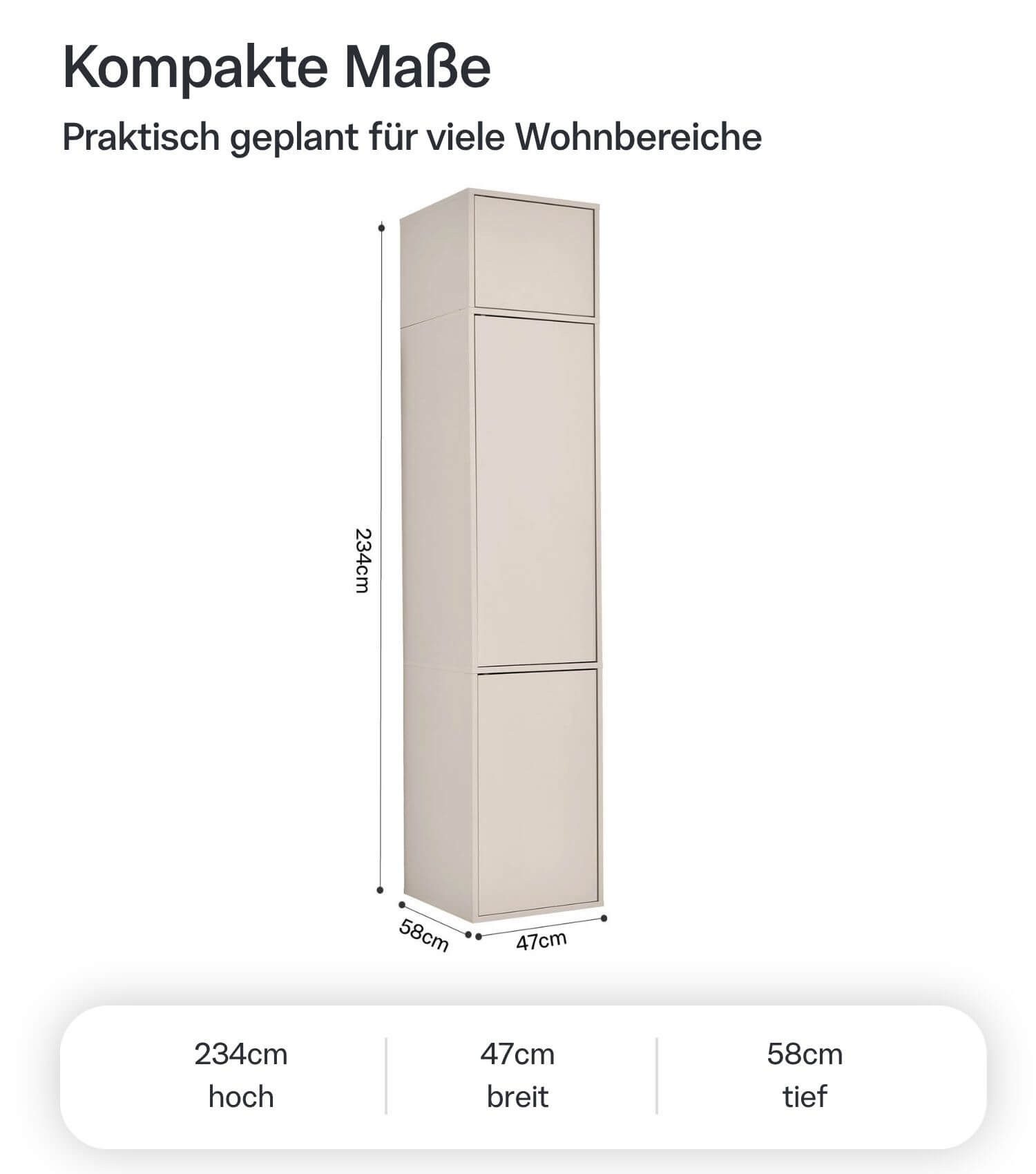 mokebo Kleiderschrank Kleiderschrank in Kaschmir-Beige 'Robe' (47x234 cm, mit Push-to-Open) Made in Germany, Schlafzimmer Schrank deckenhoch in Kaschmir Beige