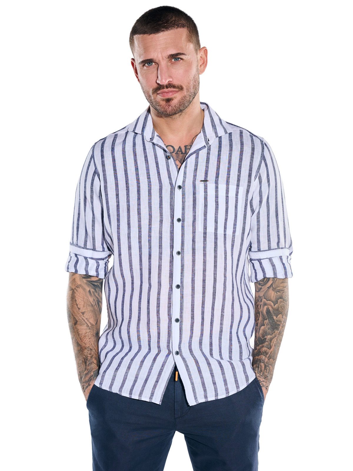 emilio adani Langarmhemd Herren Leinen-Hemd mit Streifenmuster, Brilliantblau