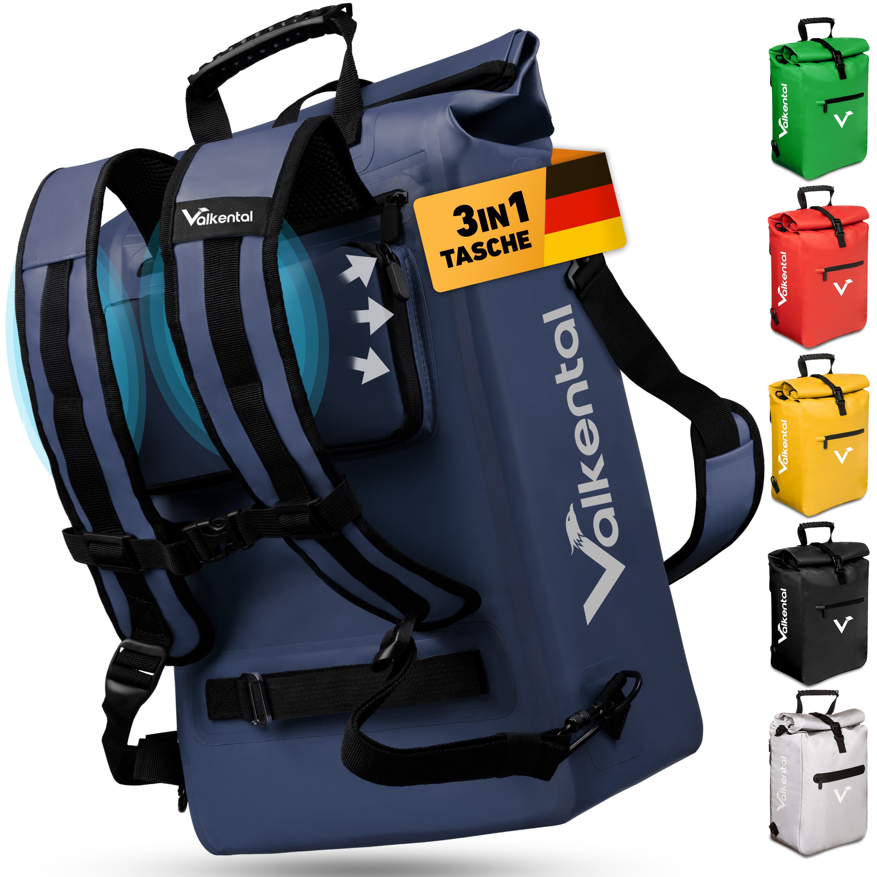 Valkental Fahrradtasche Gepäckträgertasche, Rucksack und Umhängetasche, 3in1 - wasserdicht & reflektierend 25 L