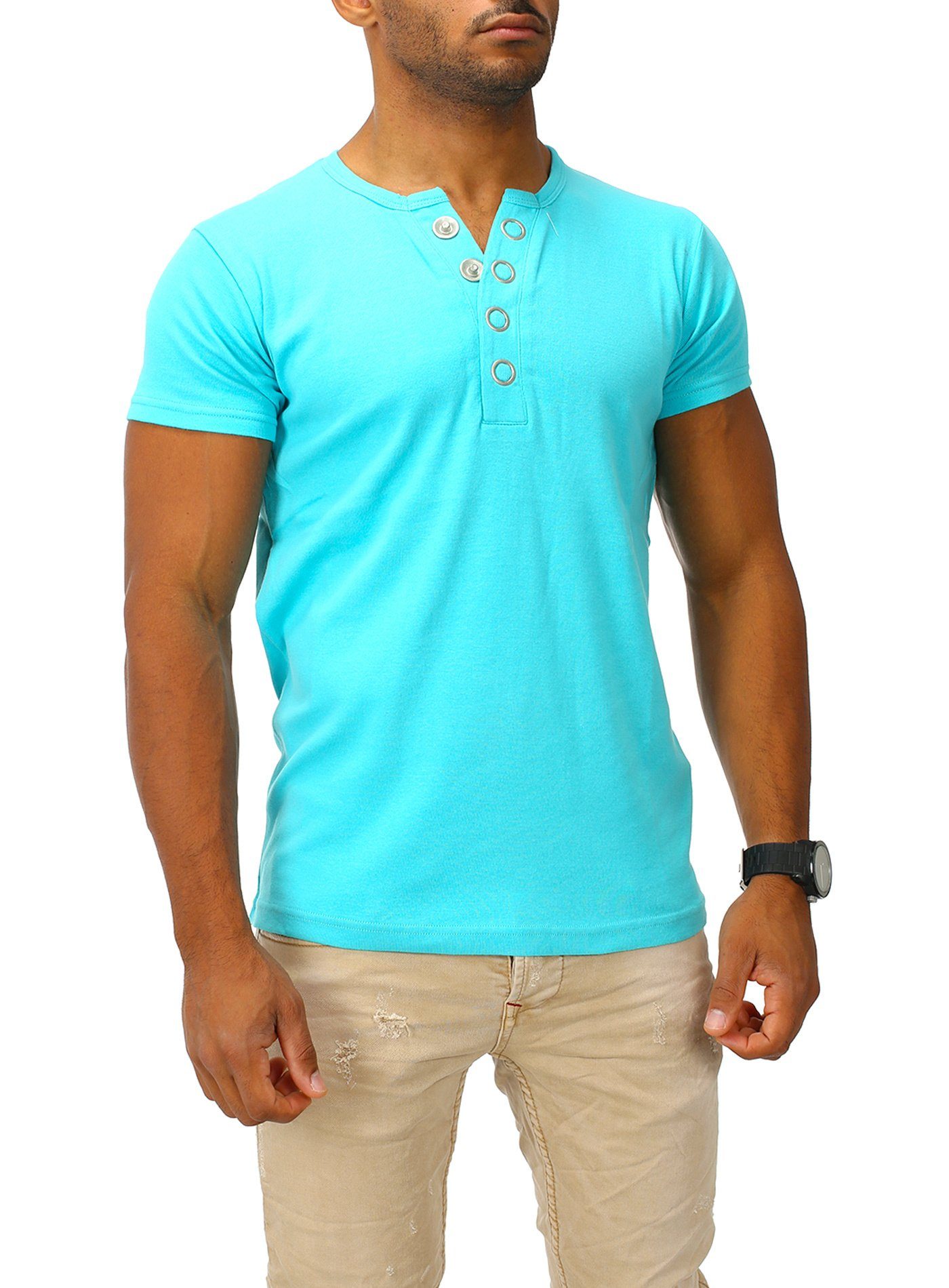 T-Shirt stylischem Joe in Fit turquoise Button Slim Big Franks