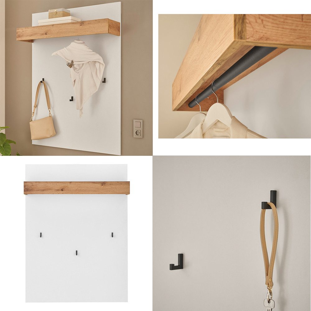 Lomadox Garderoben-Set CRISP-61, (Spar-Set, 5-St., Garderobenpaneel Schuhbank Garderobenschrank Spiegel Kommode), in weiß mit Wotan Eiche Nb., griffloses öffnen