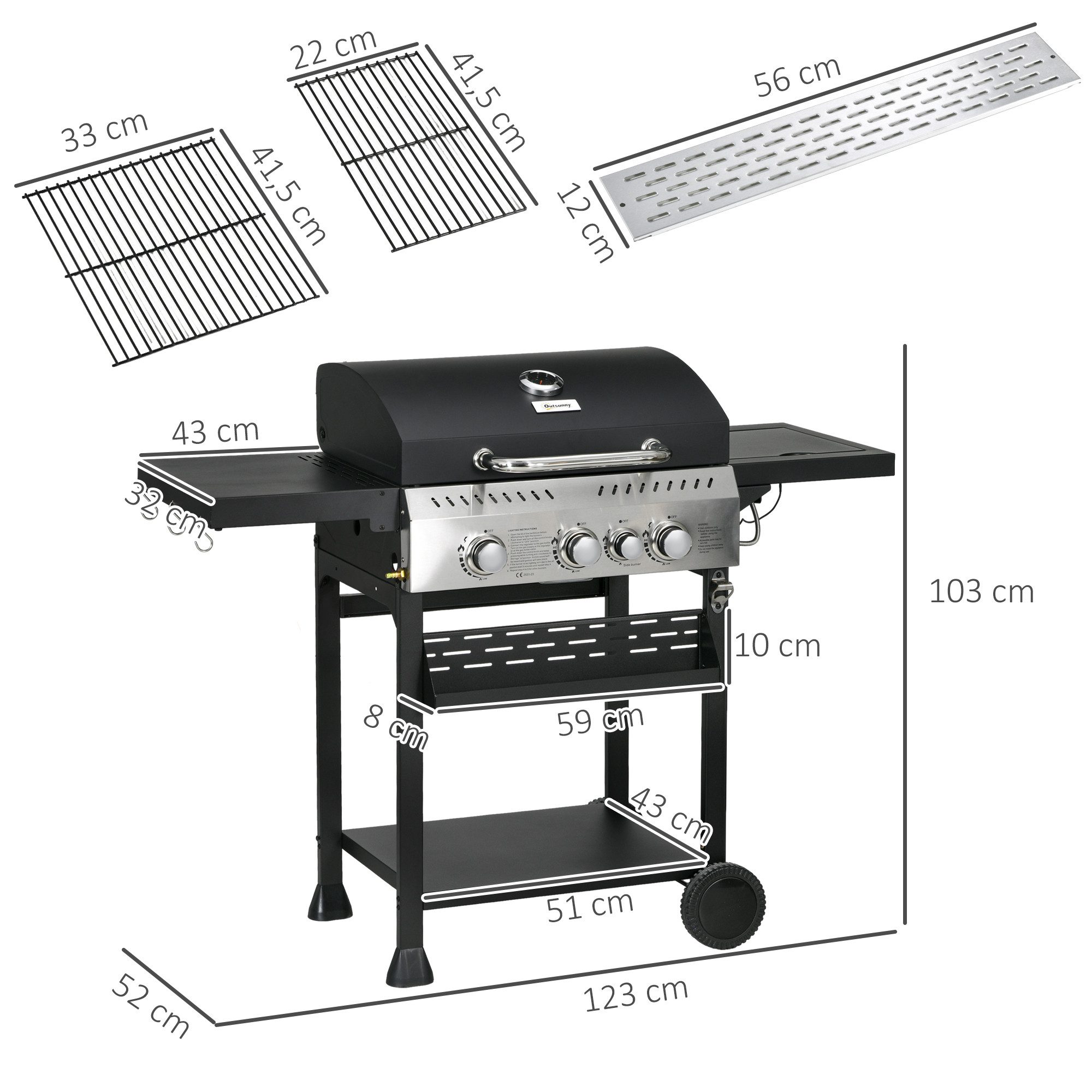 Outsunny Gasgrill inkl Seitenbrenner, Thermometer, Grillrost, Flaschenöffner, Gas-Grill 3 KW 3+1 Brenner, BBQ Grillwagen aus Edelstahl, für Balkon, Camping, 123 x 52 x 101cm