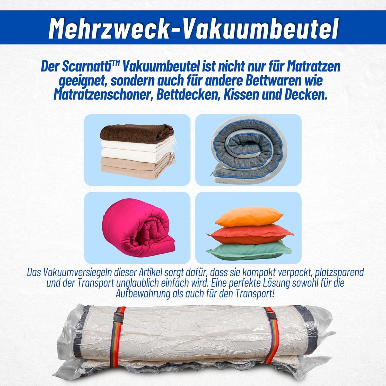 scarnatti Vakuumierbeutel Vakuumversiegelte Matratzenbeutel mit Reißverschluss für Matratzen, Platzsparend für Matratzen 80/90/100x200cm & XXL-Größe 245x130cm – Bild 4 von 5