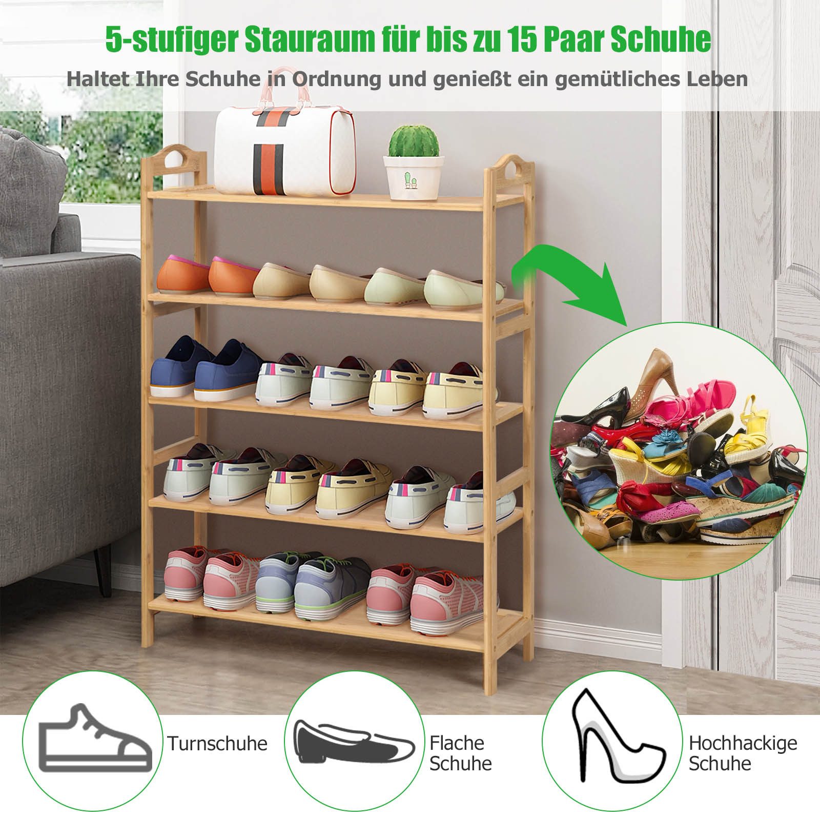 COSTWAY Schuhregal, Bambus Schuhständer für 15 Paar Schuhe 67x26,5x96,5cm