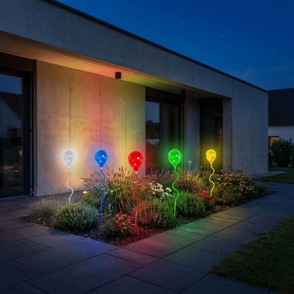 Harms Import LED Dekofigur, LED-Leuchtmittel fest verbaut, Farbig, Warmweiß, 5x LED Solarleuchte transparent bunt Luftballon mit Erdspieß H 60 cm