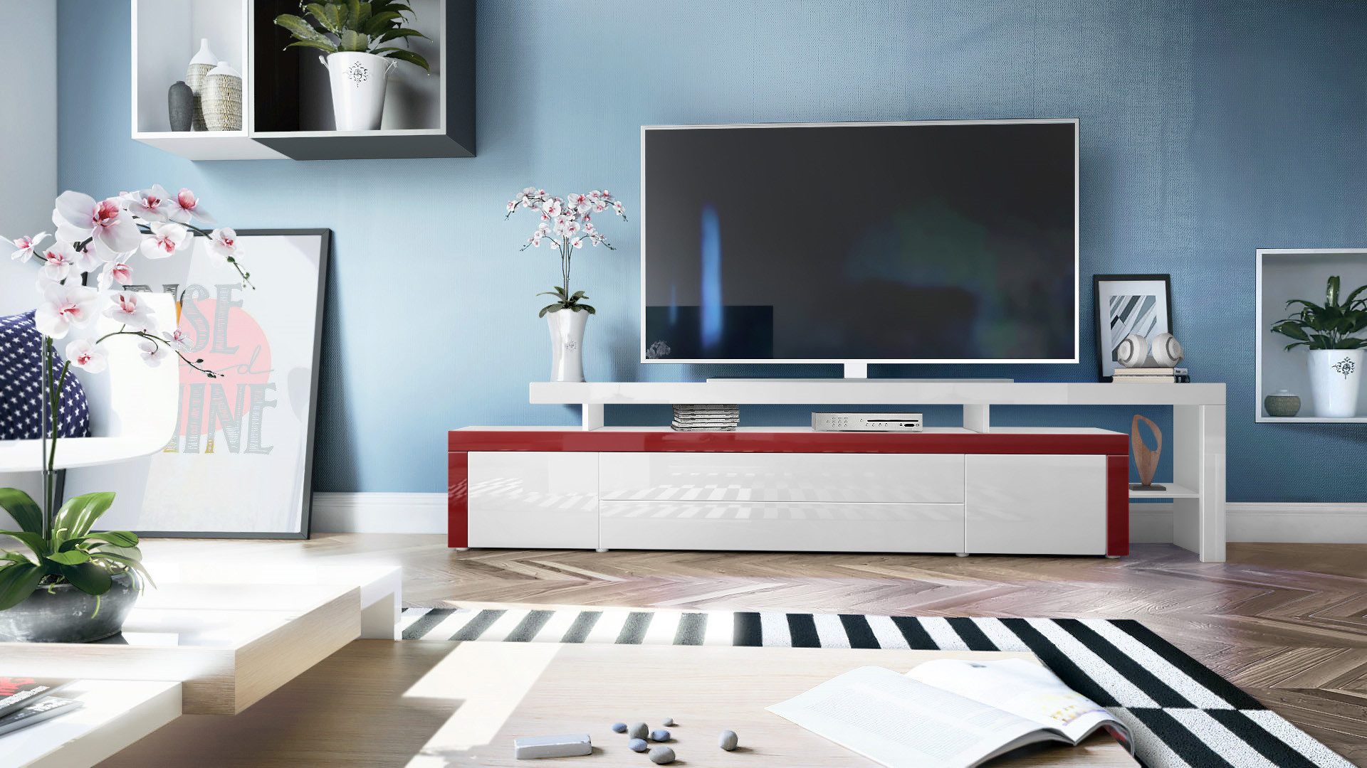 Vladon Lowboard Leon (TV-Kommode, mit zwei Türen, zwei Schubkästen und einem modernen Überbau), Weiß matt/Weiß Hochglanz/Bordeaux Hochglanz (227 x 52 x 35 cm)