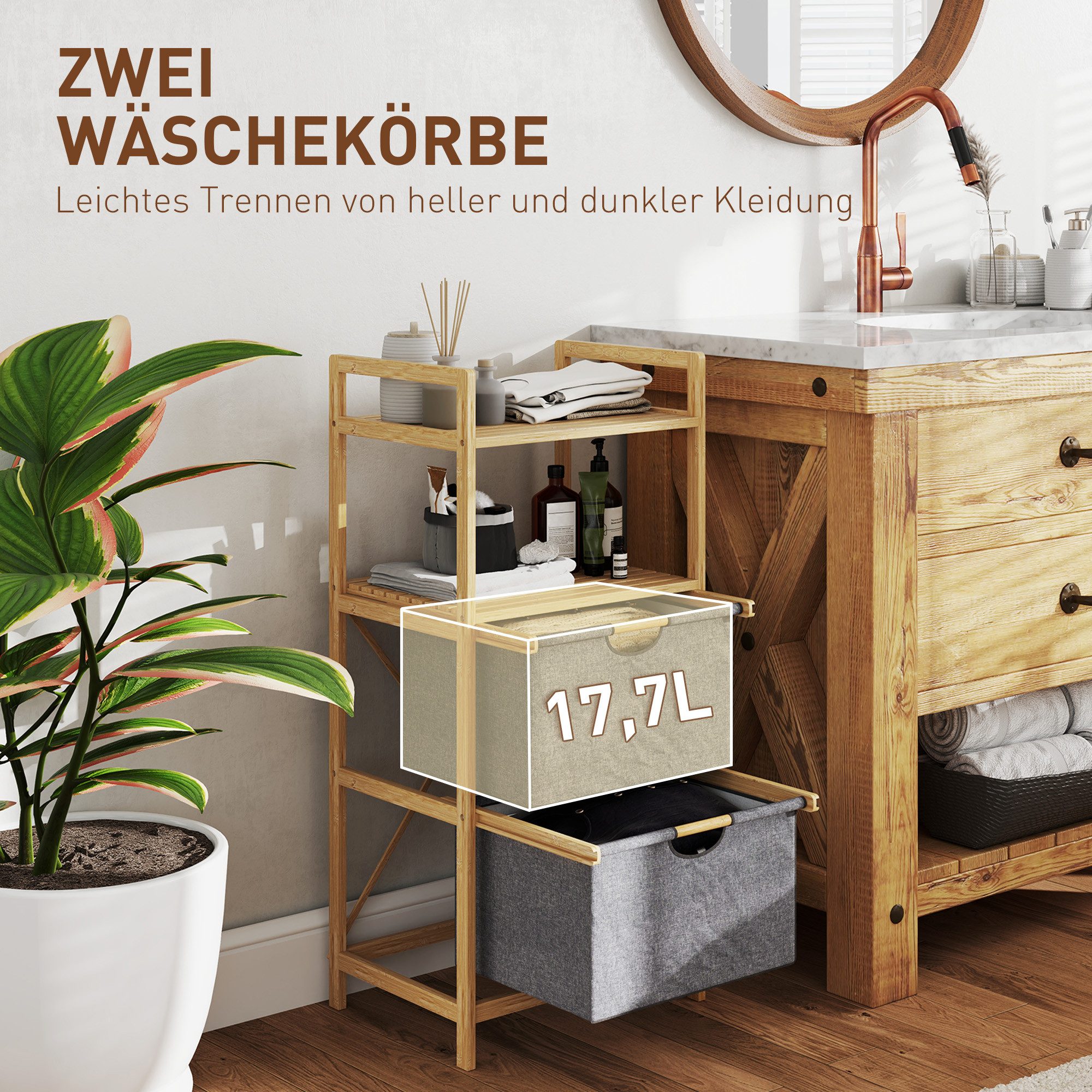 HOMCOM Wäschekorb Wäschekörben offene Ablagen, 2 Stück aus Stoff, mit Griff, 35,4 L (Wäschebox, 1 St., Wäschesammler), für Badezimmer, Bambus, Natur – Bild 4 von 5