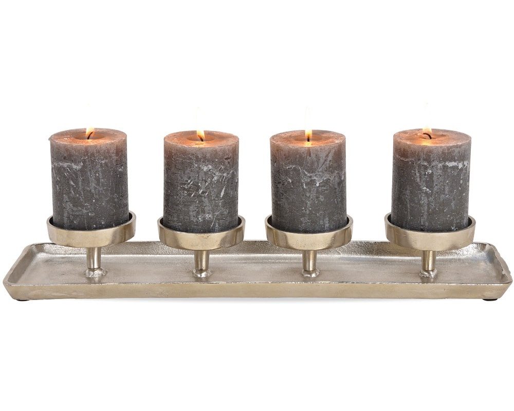 matches21 HOME & HOBBY Kerzenhalter Metall Kerzen-Tablett Adventskranz mit Kerzen-Stecker silber 44 cm (1 St), Stumpenkerzen Kerzen-Halter länglich Advent Weihnachten Tischdeko