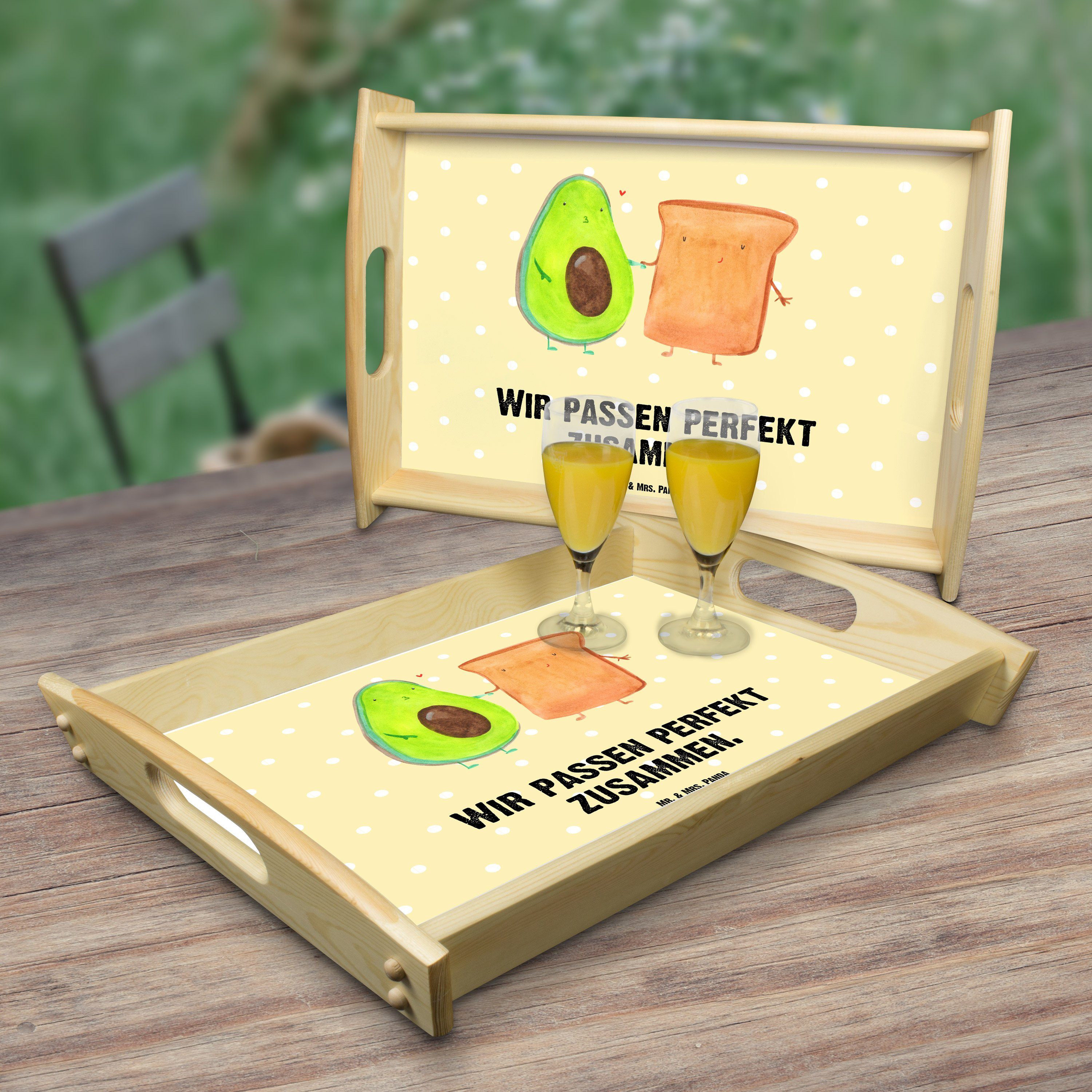 Avocado - Pastell - Mr. (1-tlg) Vegan, Toast Geschenk, + Liebes, Panda Holztablett, & Mrs. Echtholz lasiert, Tablett Gelb