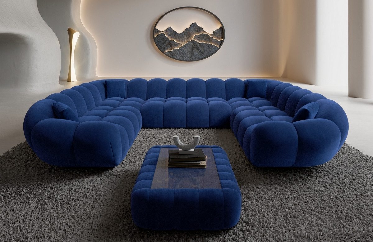 Sofa Dreams Loungesofa Maleron XXL Panorama Design Couch, Stoff Wohnlandschaft, 6-Sitzer, Sofa, Samtstoff Bezug in Dunkelblau
