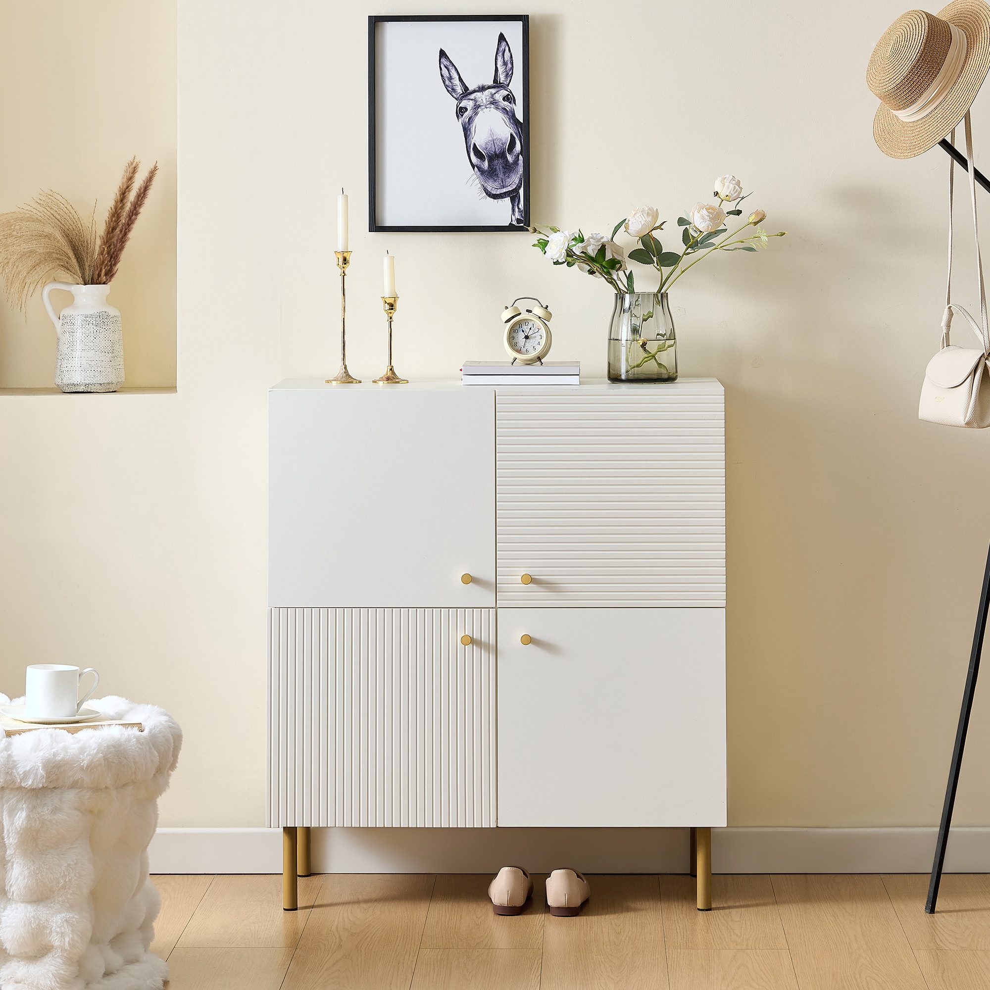 Refined Living Sideboard Aufbewahrungsschrank mit 4 Türen, Kommode, Wohnzimmerschrank (80 L × 36 B × 90 H cm, Modernes weißes Sideboard aus MDF mit Metallbeinen – Bild 2 von 5