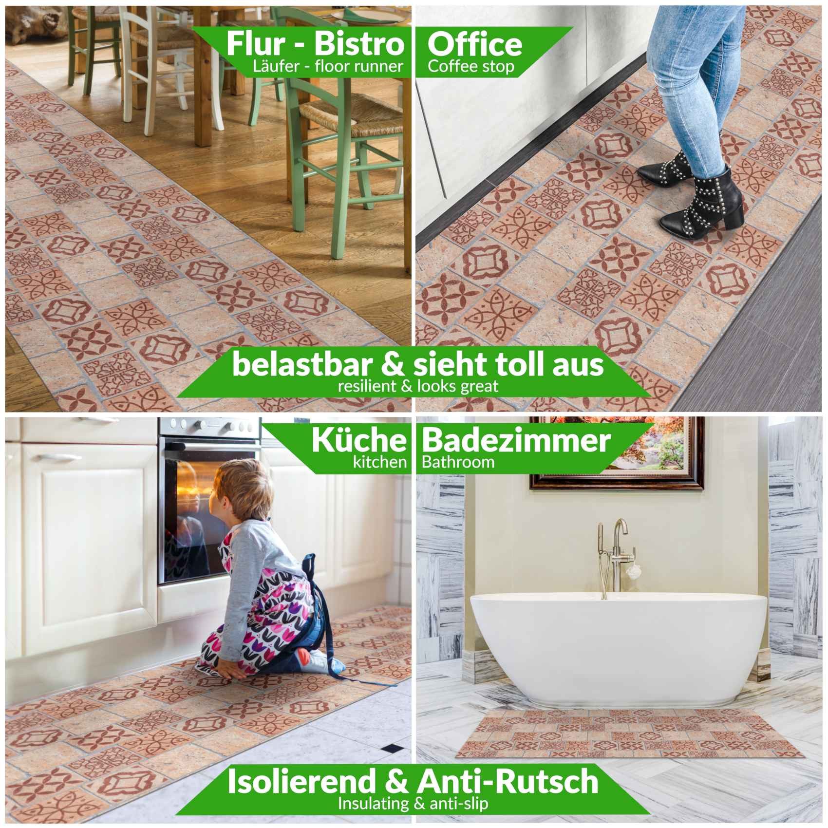 ANRO Küchenläufer RANNA Hochwertig Küchenteppich Teppich Textil, Eckig, Bodenläufer 100x65cm Fliesen Mosaik Braun pflegeleicht