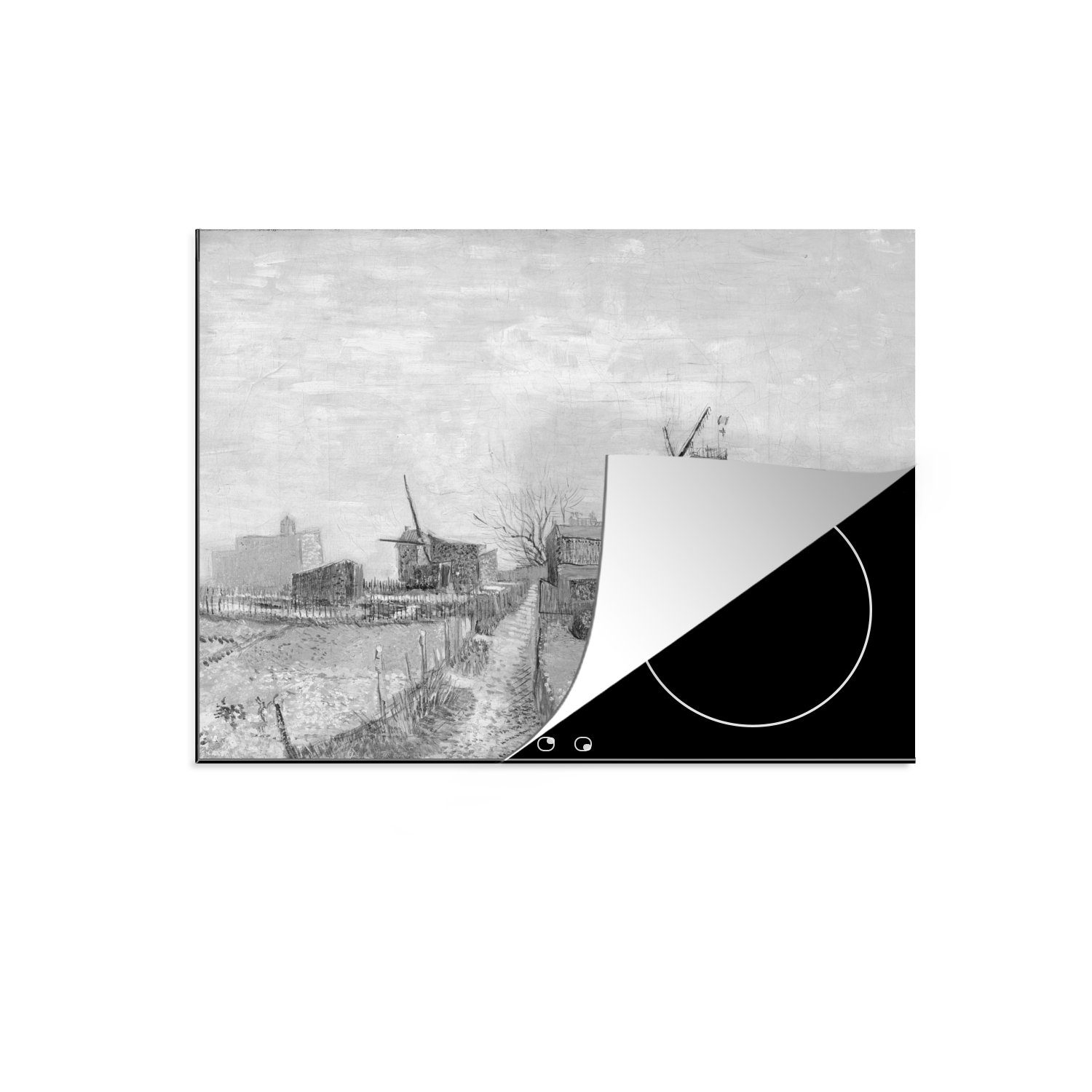 MuchoWow Herdblende-/Abdeckplatte Gesicht von Monmartre - Vincent van Gogh - Schwarz und weiß, Vinyl, (1 tlg), 60x52 cm, Mobile Arbeitsfläche nutzbar, Ceranfeldabdeckung