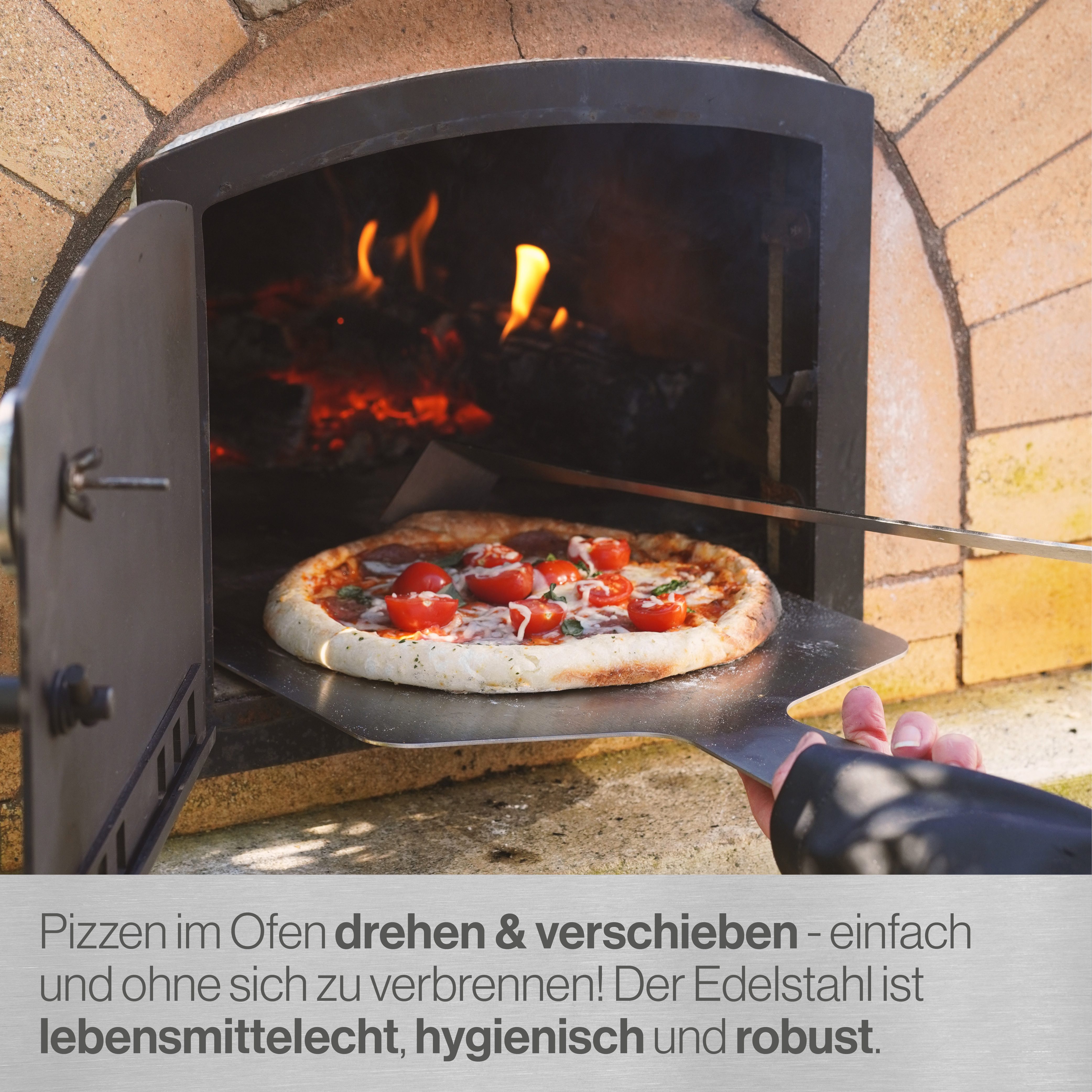 Feuerfest 123 GmbH Pizzaschieber Pizzafreund aus Edelstahl - Haken zum drehen & wenden im heißen Ofen, ohne Finger verbrennen - 100 % Made in Germany