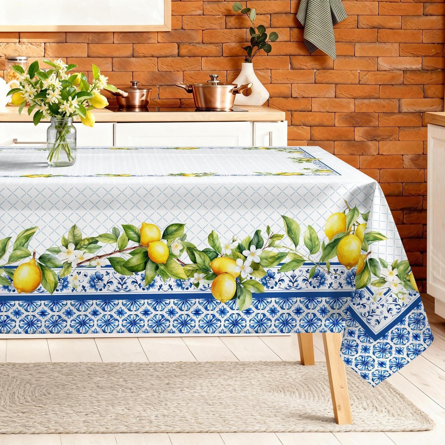 LuxusKollektion Tischdecke Tischdecke Zitrone Blau 152x213cm Polyester (1-tlg)