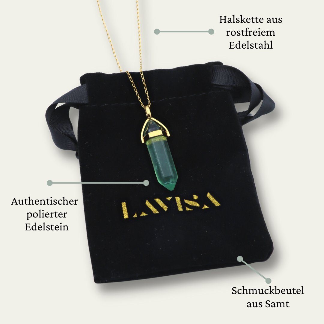 LAVISA Kette mit Anhänger Naturstein Halskette Obelisk Edelstein Kristall Grüner Fluorit gold
