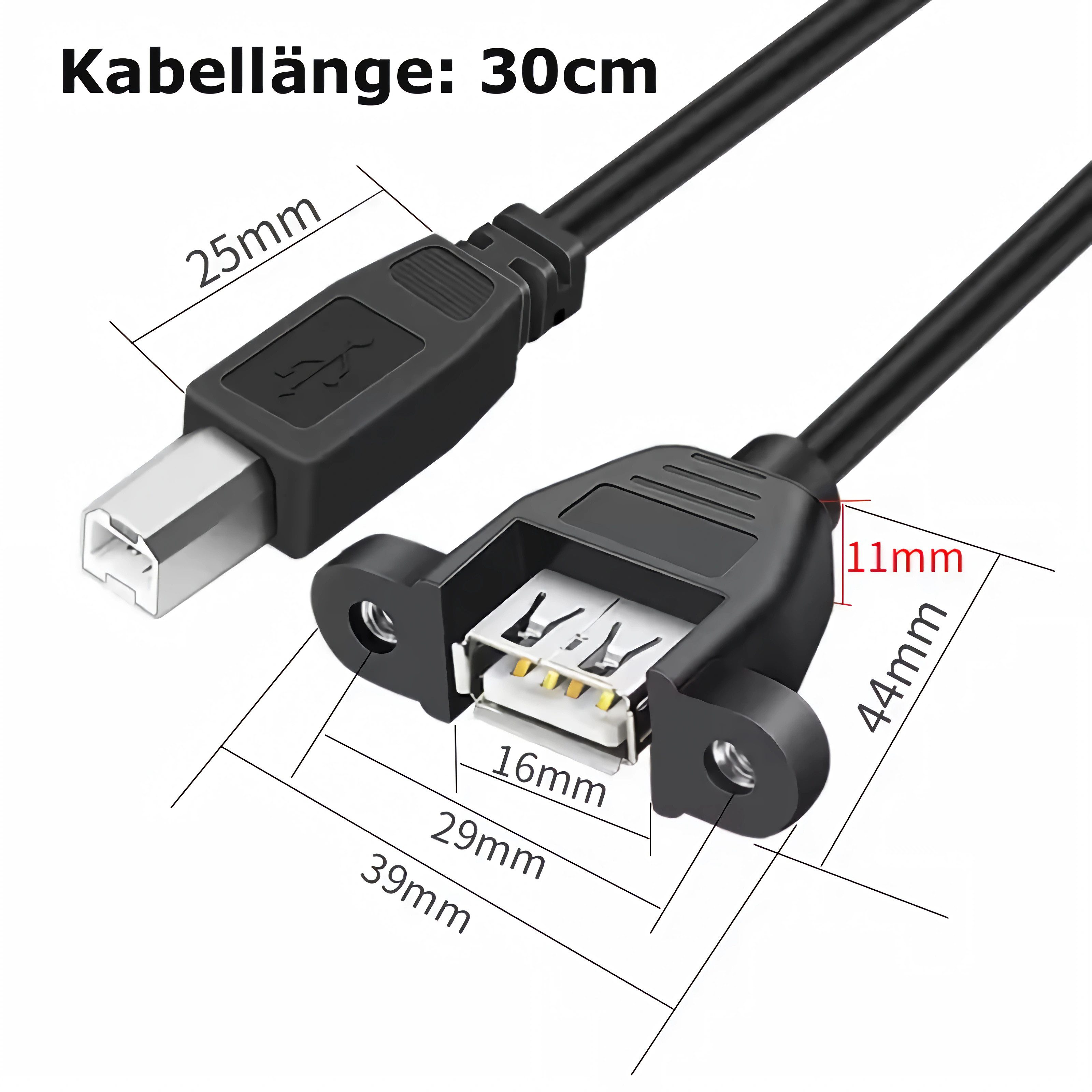 Bolwins F27 USB 2.0 Adapter A-Buchse auf B-Stecker für Drucker und Scanner USB-Kabel, USB 2.0 Typ B Stecker, USB 2.0 Typ A Buchse mit Schraubbefestigung (30 cm), Schraubbefestigung, USB 2.0, 480 Mbit/s, Plug & Play, 30 cm Kabel