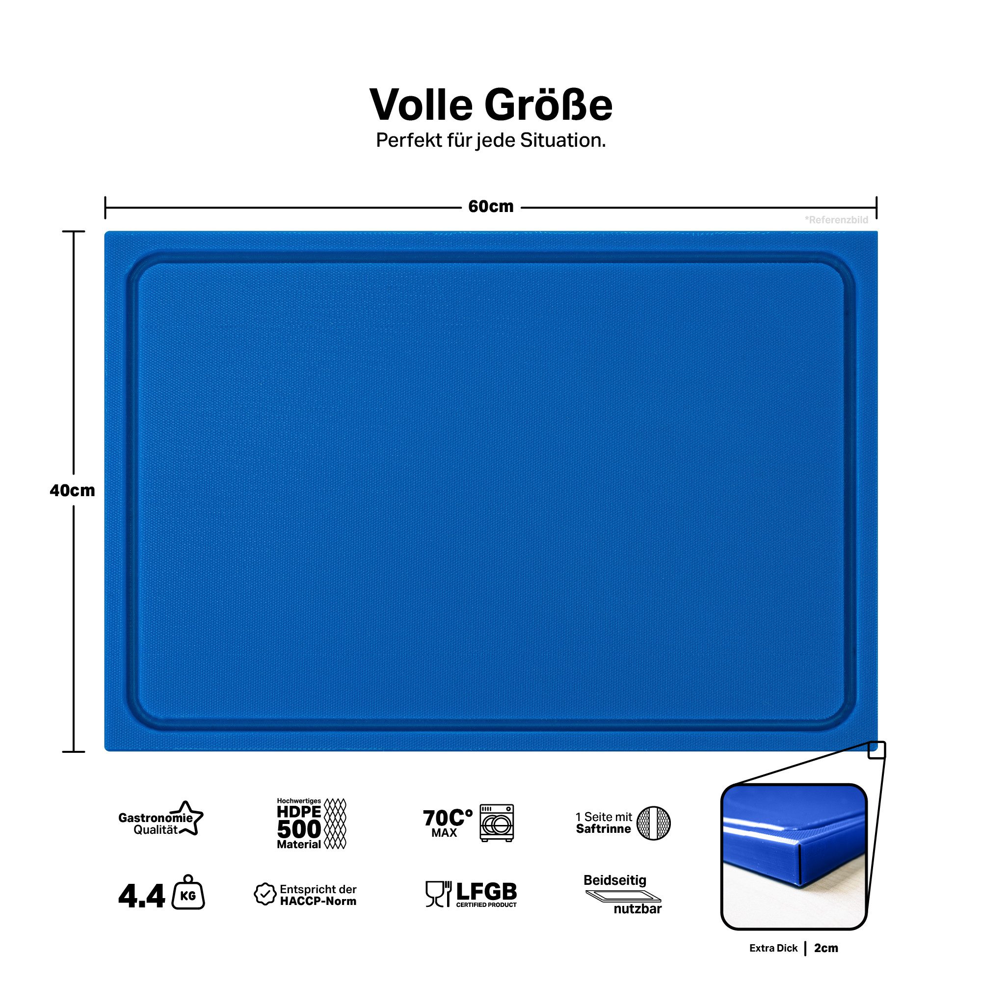 MUVELL Schneidebrett MUVELL Schneidebrett 60x40x2 (HDPE500) Blau, Kunststoff, (Stück, 1-St., Schneidebrett), messerschonend,Saftrille,Extra Dick