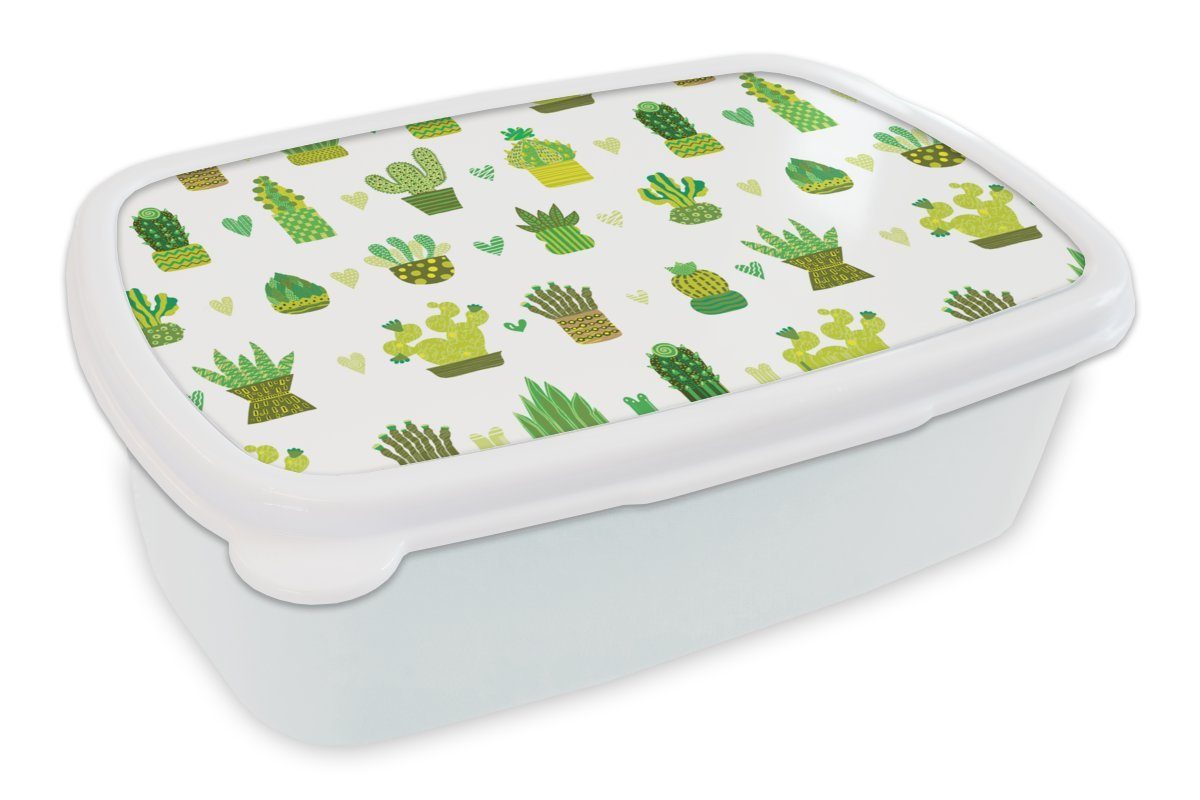 MuchoWow Lunchbox Sukkulenten - Muster - Kaktus, Kunststoff, (2-tlg), Brotbox für Kinder und Erwachsene, Brotdose, für Jungs und Mädchen weiß