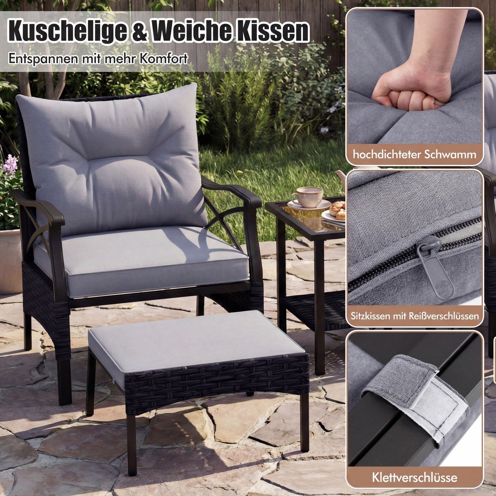 KOMFOTTEU Balkonset Gartenmöbel Sitzgruppe, (Set, 5-tlg), mit weichen Sitz- & Rückenkissen
