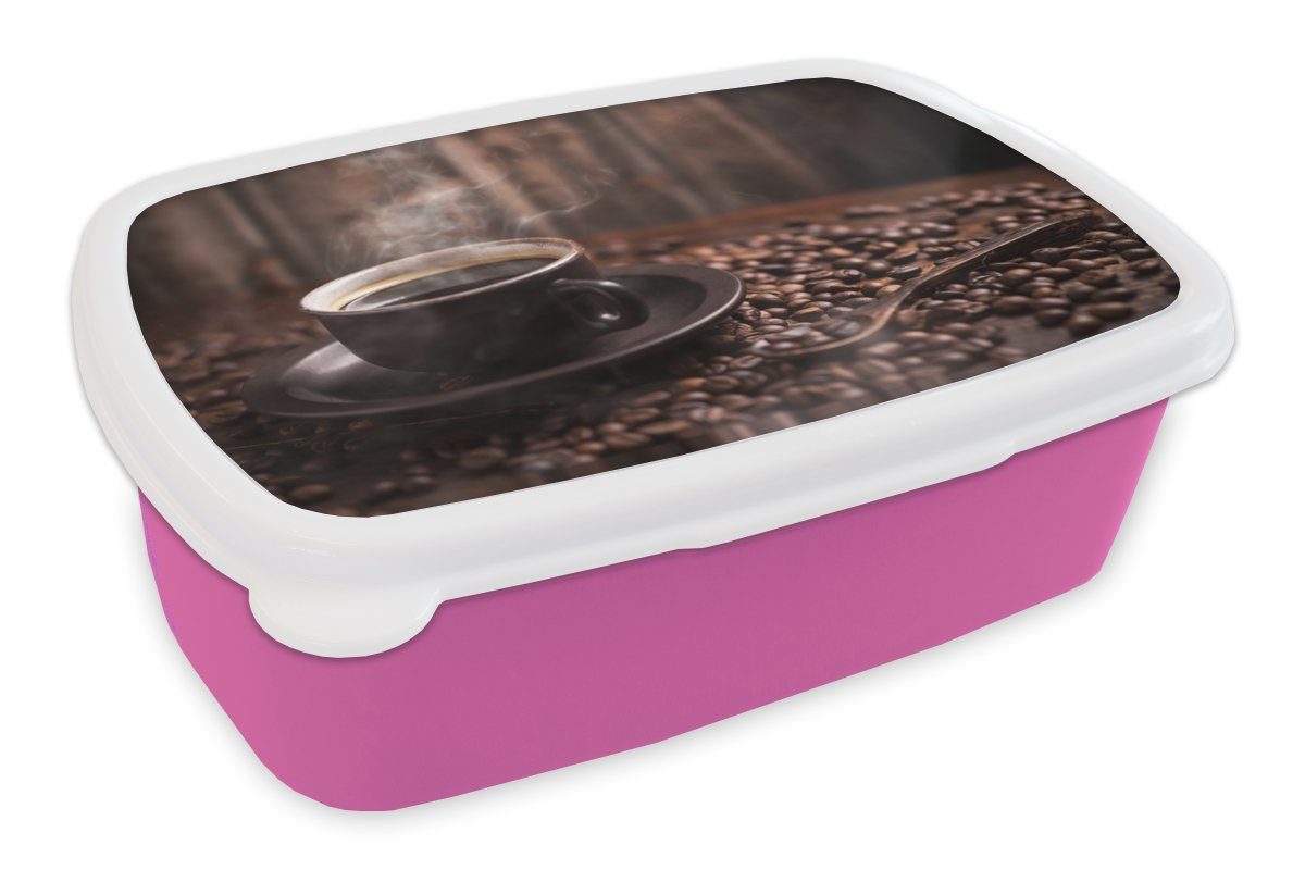Brotbox Mädchen, Brotdose Kunststoff, Snackbox, - Erwachsene, - Heiß Kaffeebohnen, Kinder, Lunchbox Kaffee (2-tlg), rosa Kunststoff MuchoWow für