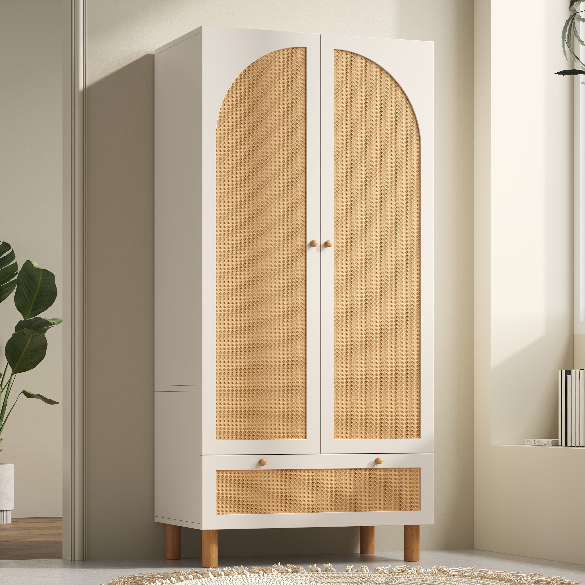 Odikalo Kleiderschrank Garderobenschrank mit Rattan (mit 2 Türen & Rattan, Landhausstil Weiß mit großer Schublade, höhenverstellbaren Regalen & Kleiderstange, Inkl. Kippsicherung, 180x85x52 cm (H/B/T)