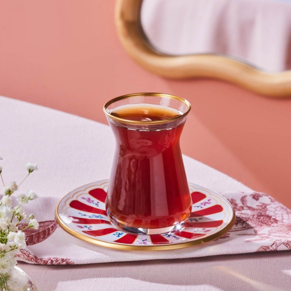 Karaca Teeservice Karaca Bursa Türkische Teegläser mit Untertassen 12-tlg für 6, Rot