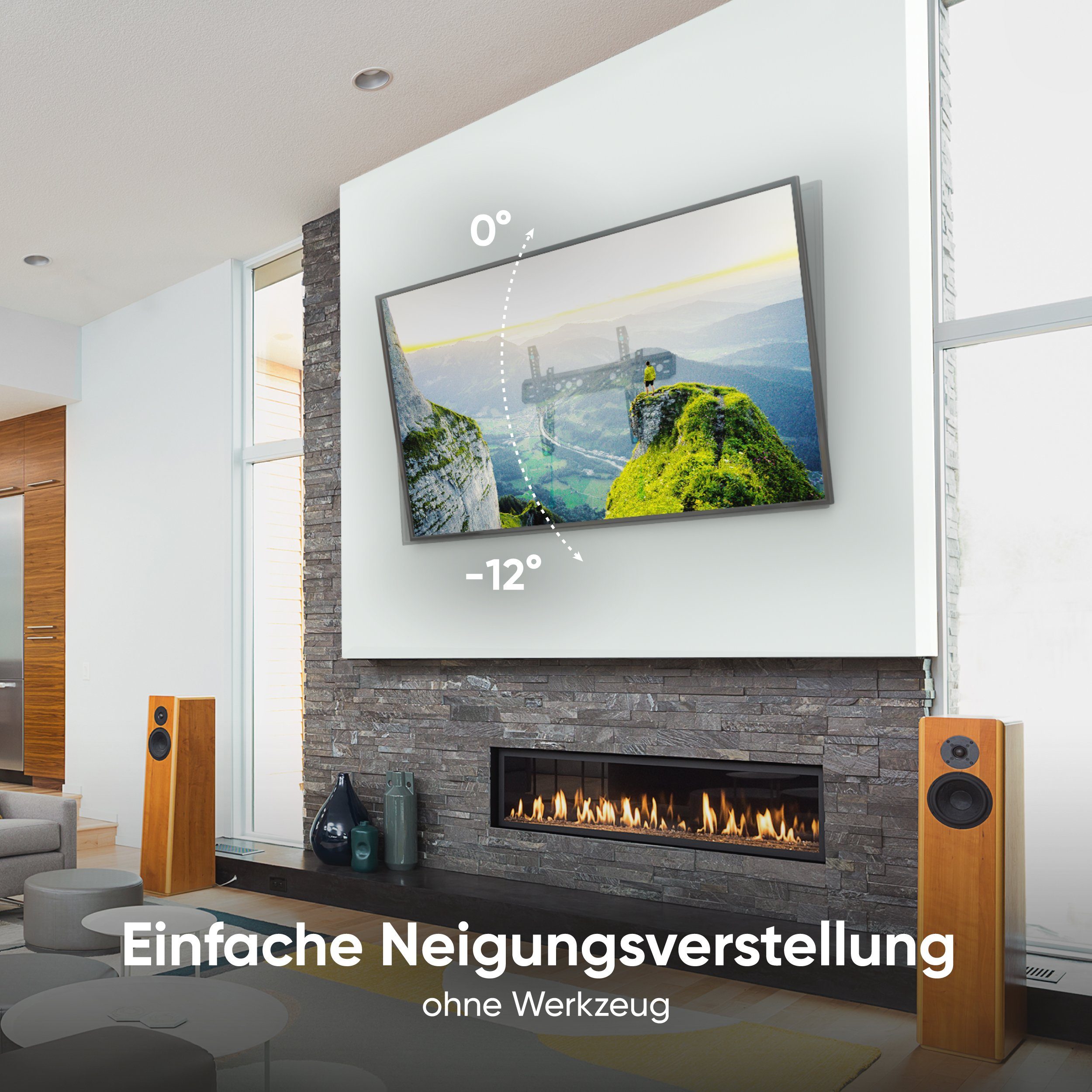ONKRON TV-Wandhalterung 43-85 Zoll, bis 68 kg, VESA 75x75-600x400, TM6-B, (bis 85,00 Zoll, neigbar, ultra slim, Click’n’Pull-System, Wasserwaage)