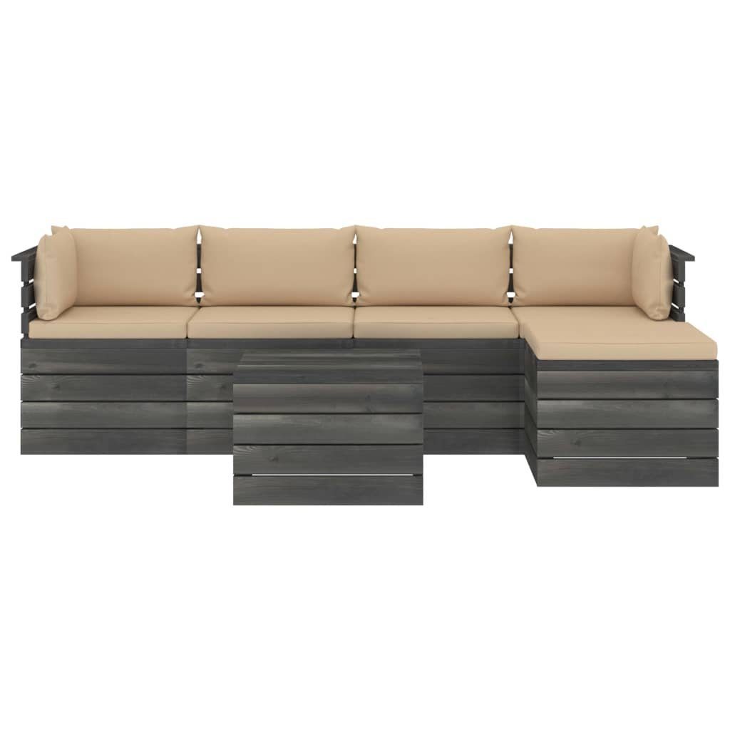 vidaXL Paletten (6-tlg) Gartenlounge-Set Garten-Sofagarnitur aus Beige mit Kiefernholz, Kissen 6-tlg.