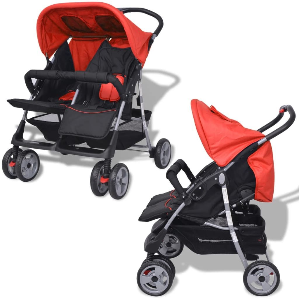vidaXL Kombi-Kinderwagen Kinderwagen Kinderkarre Baby Zwillingswagen Buggy Stahl Rot und Schwar