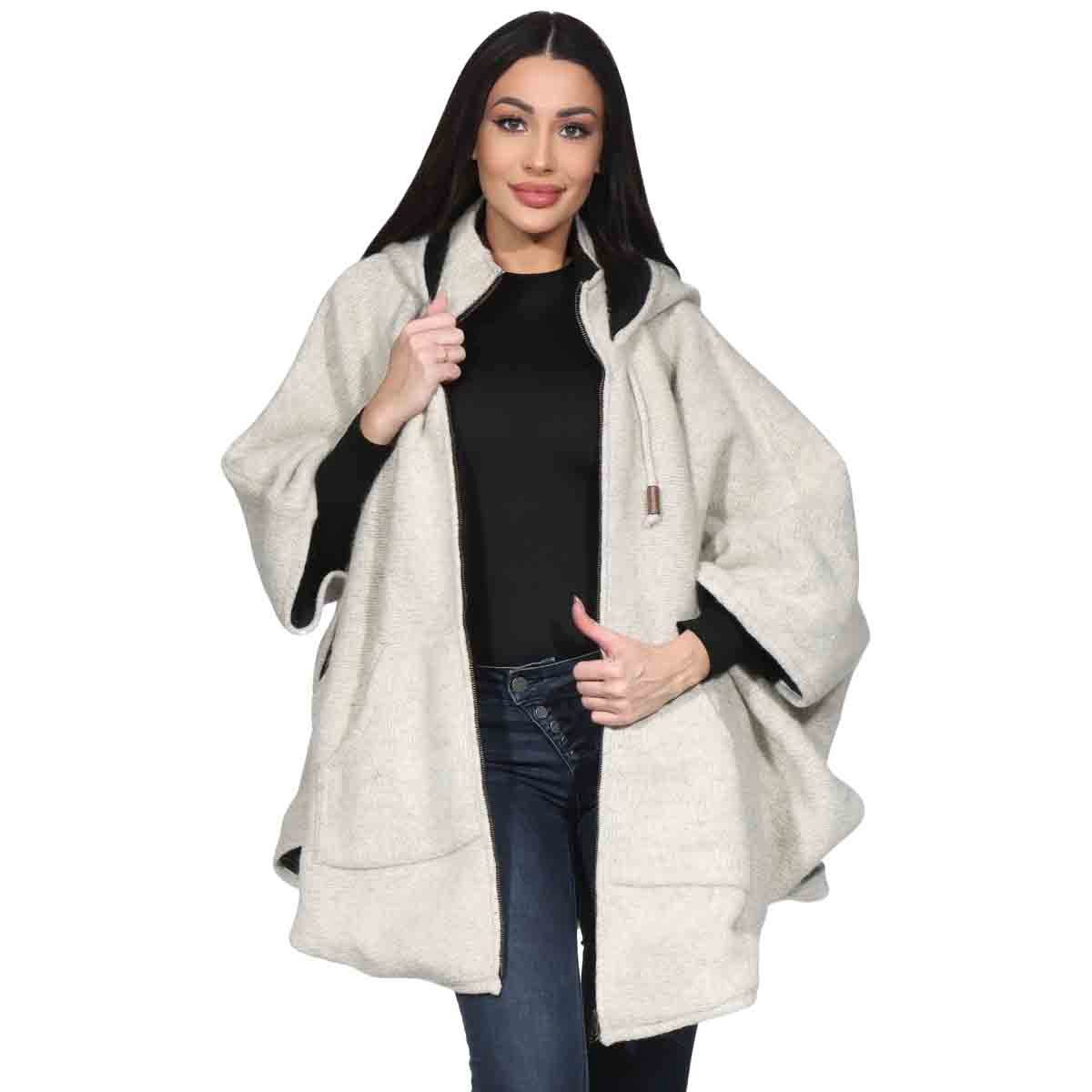KUNST UND MAGIE Strickcape Damen Strickponcho Cape Mantel Wolle mit Zipfelkapuze & Fleecefutter