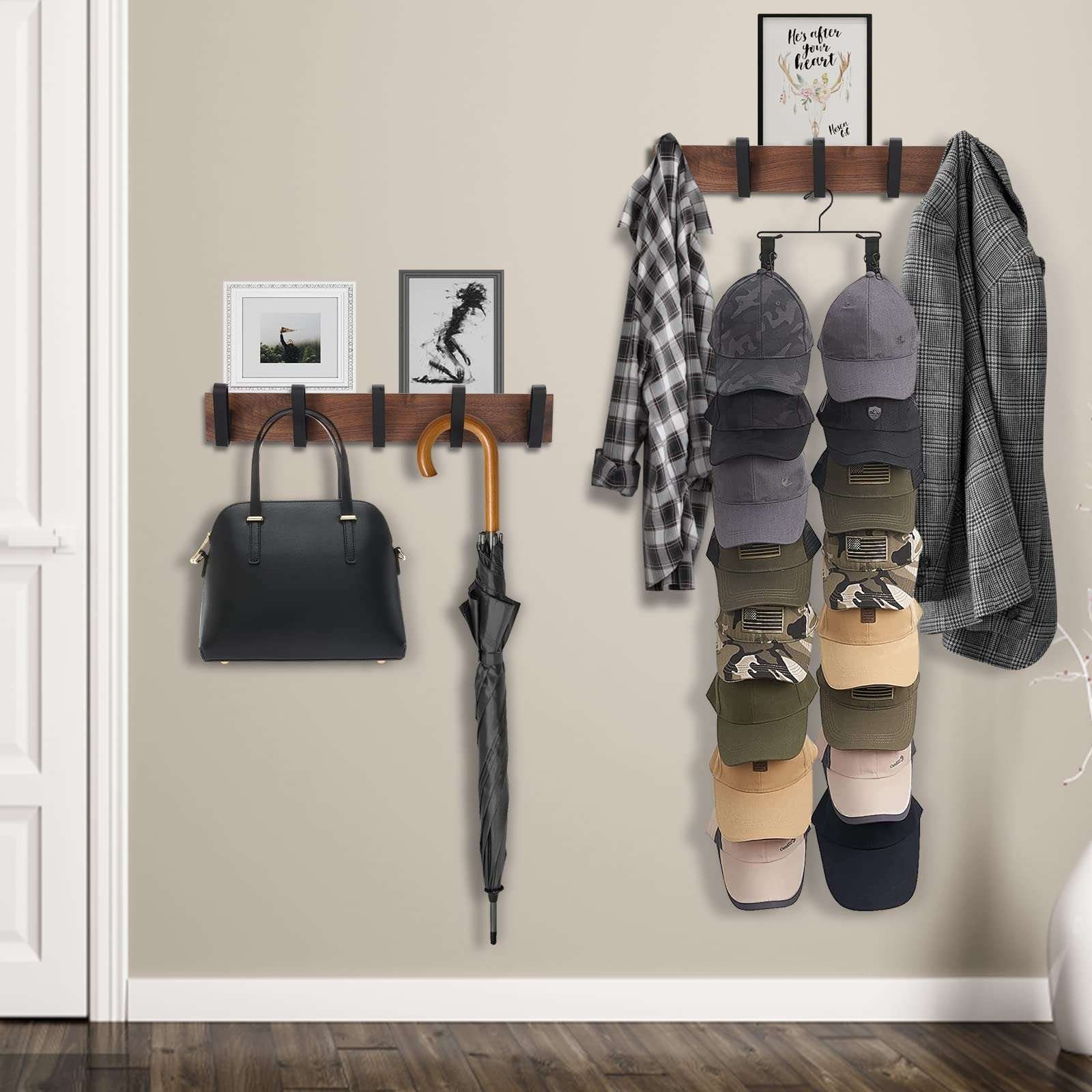 TECBULL Garderobenhaken TECBULL® Wandgarderobe Holz Deluxe, Garderobenleiste, Hakenleiste (1 St), montiert mit 3 oder 5 Aluminium Metall Haken in matt schwarz