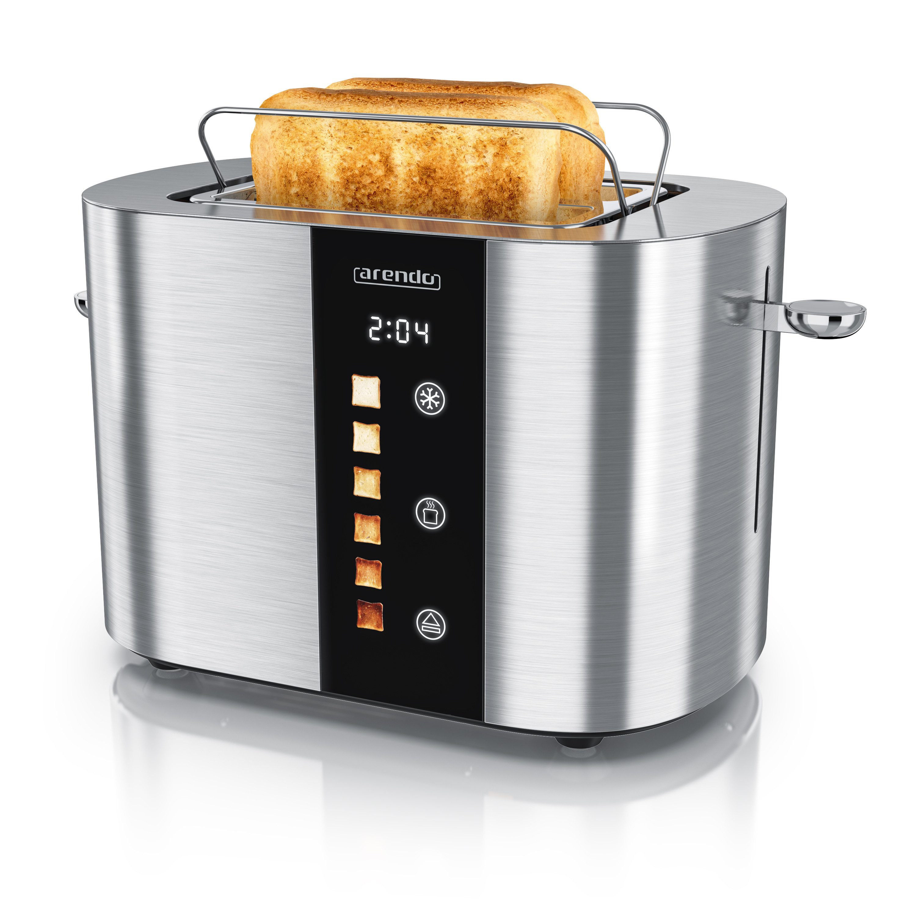 Arendo Toaster 2-Scheiben Kurzschlitz Edelstahl, Touch, Restzeit Bräunungsgradanzeige, 2 Schlitze, für 2 Scheiben, 800 W, Brötchenaufsatz, Wärmeisoliert, Toast-Symbole für Bräunungsgradauswahl