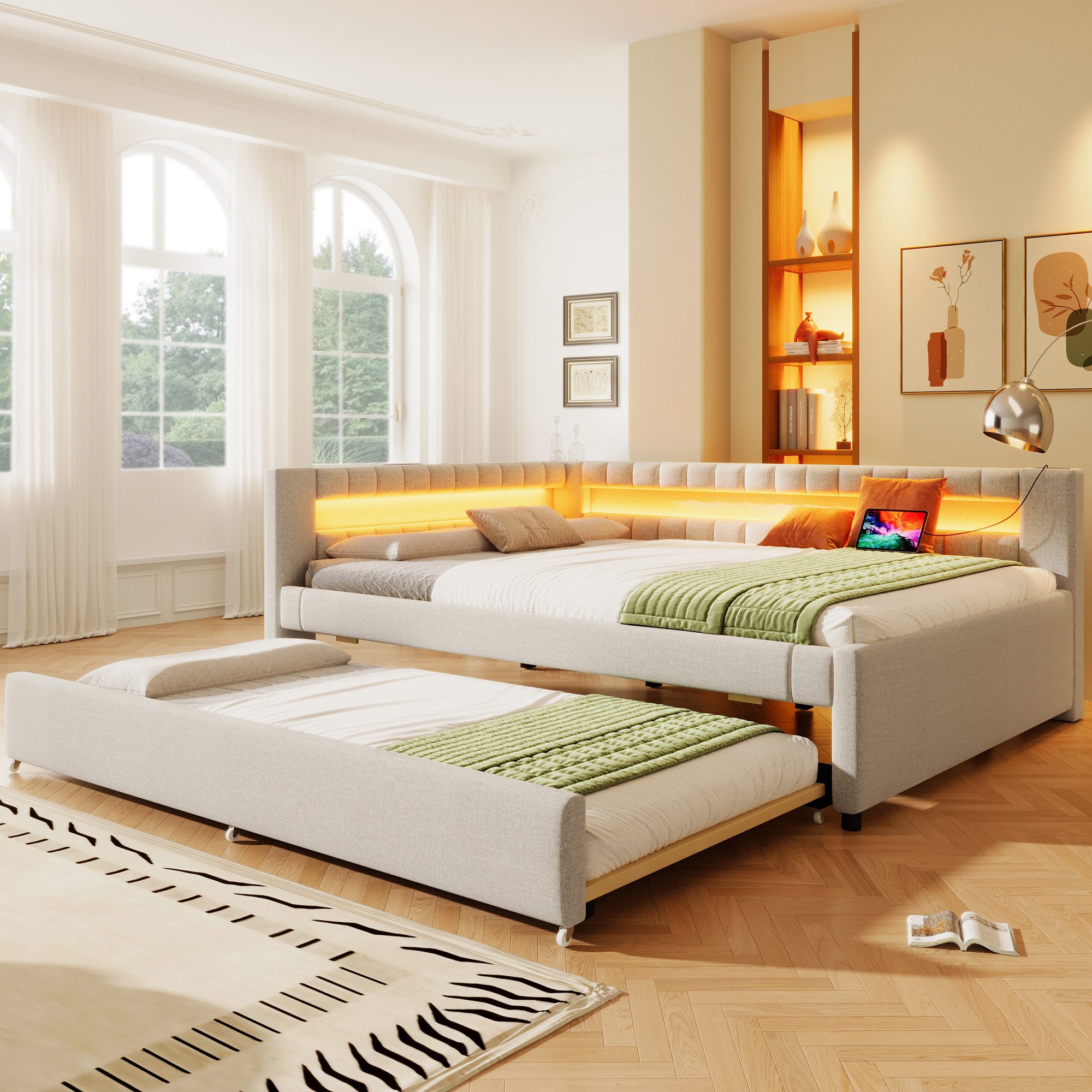 Merax Daybett mit Ausziehbett 90x190cm (Kinderbett Jugendbett, 1 tlg), Polsterbett 140x200cm Tagesbett Schlafsofa mit LED und USB, Leinen