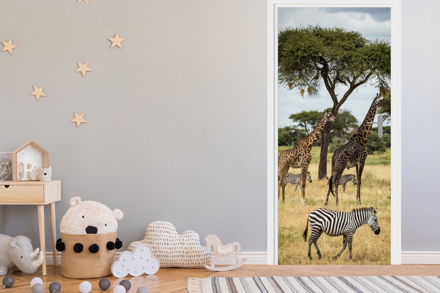 MuchoWow Türtapete Giraffen und der in Savanne Zebras St), Tür, bedruckt, gemeinsam (1 75x205 des, cm für Matt, Türaufkleber, Fototapete