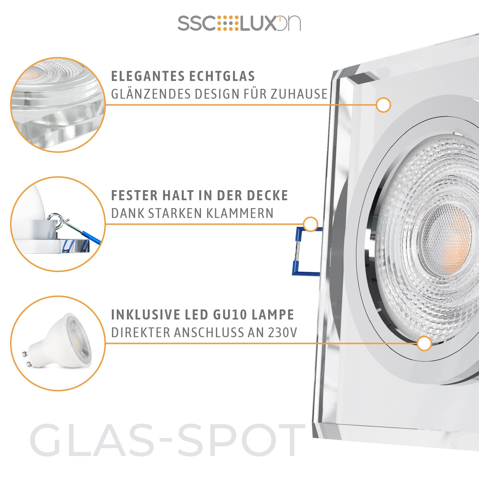 Warmweiß 6W Einbaustrahler Einbaustrahler LED GU10, & klar mit quadratisch, LED SSC-LUXon spiegelnd Glas